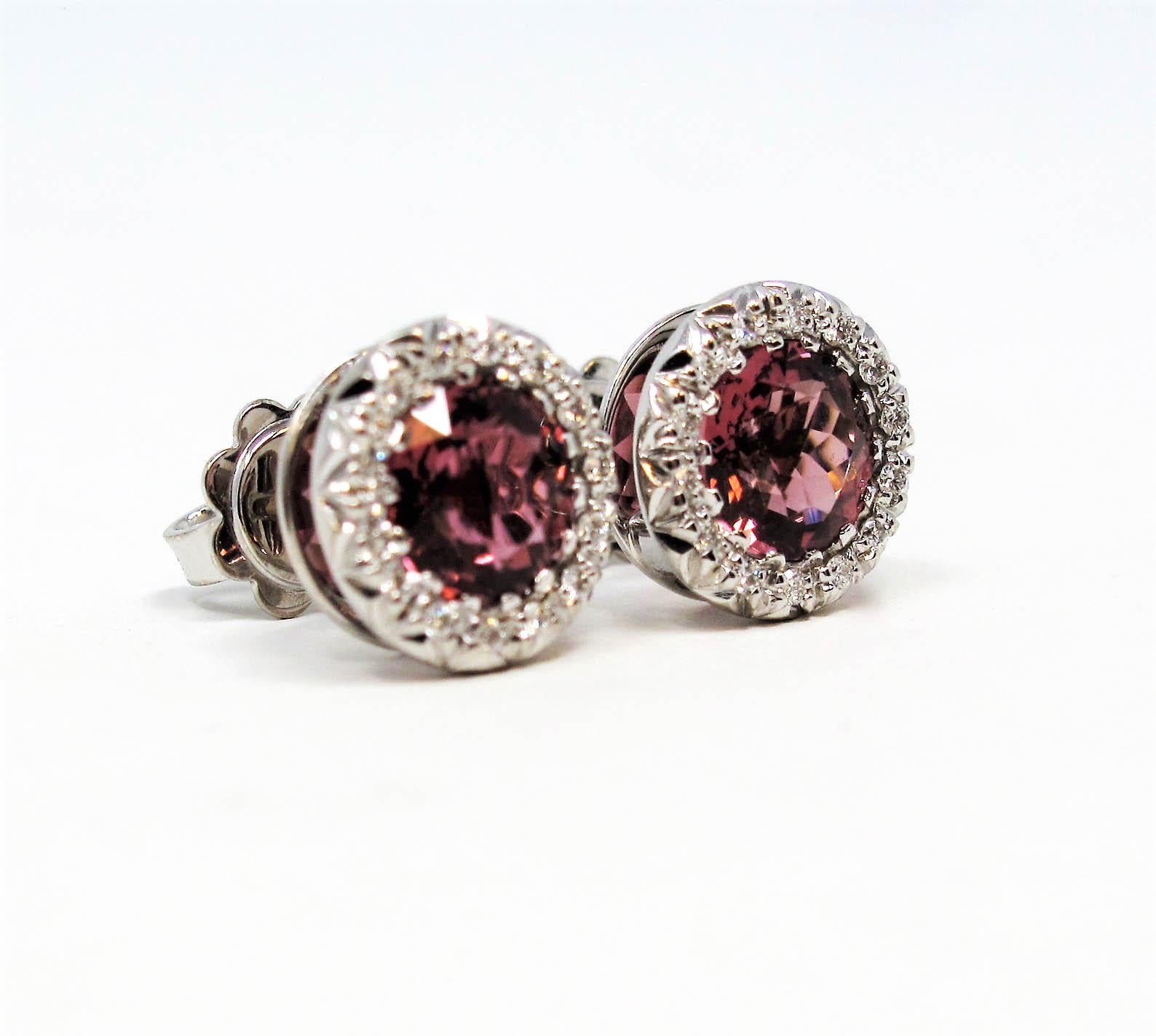 Round Cut Natural Pink Tourmaline and Diamond Halo Stud Earrings in 18 Karat White Gold