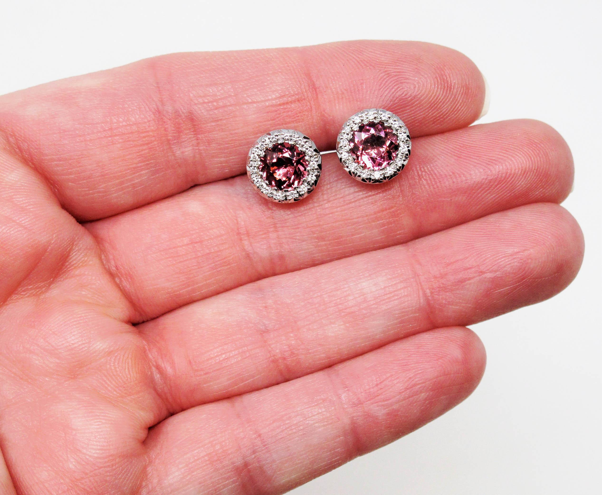 Natural Pink Tourmaline and Diamond Halo Stud Earrings in 18 Karat White Gold 4