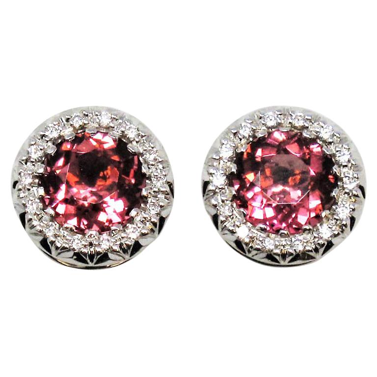 Natural Pink Tourmaline and Diamond Halo Stud Earrings in 18 Karat White Gold