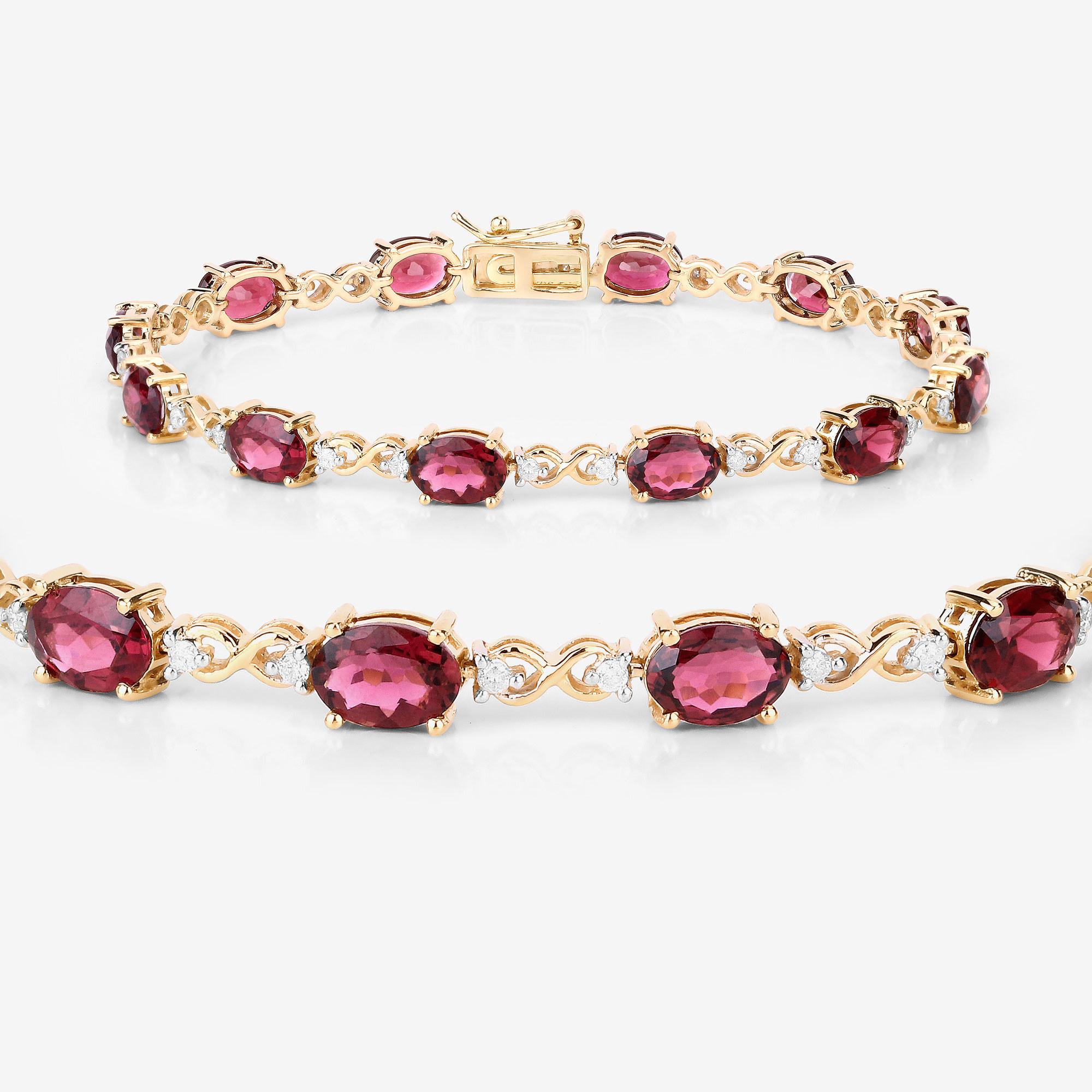 Contemporary Natural Pink Tourmaline and Diamond Tennis Bracelet 8.75 Carats 14k Yellow Gold For Sale