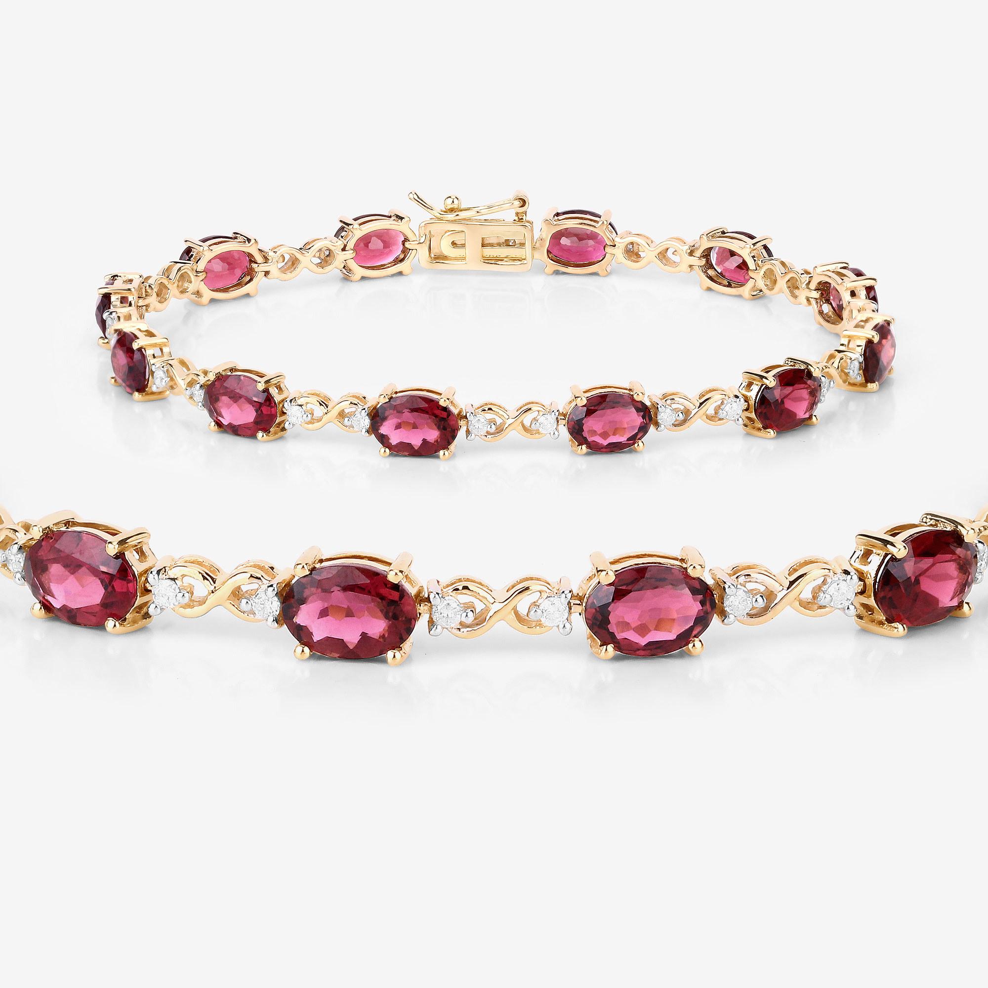 Oval Cut Natural Pink Tourmaline and Diamond Tennis Bracelet 8.75 Carats 14k Yellow Gold For Sale