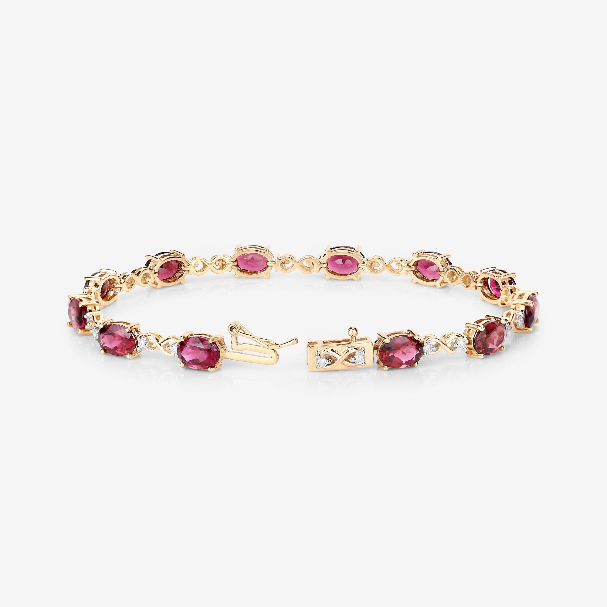 Natural Pink Tourmaline and Diamond Tennis Bracelet 8.75 Carats 14k Yellow Gold In Excellent Condition For Sale In Aliso Viejo, CA