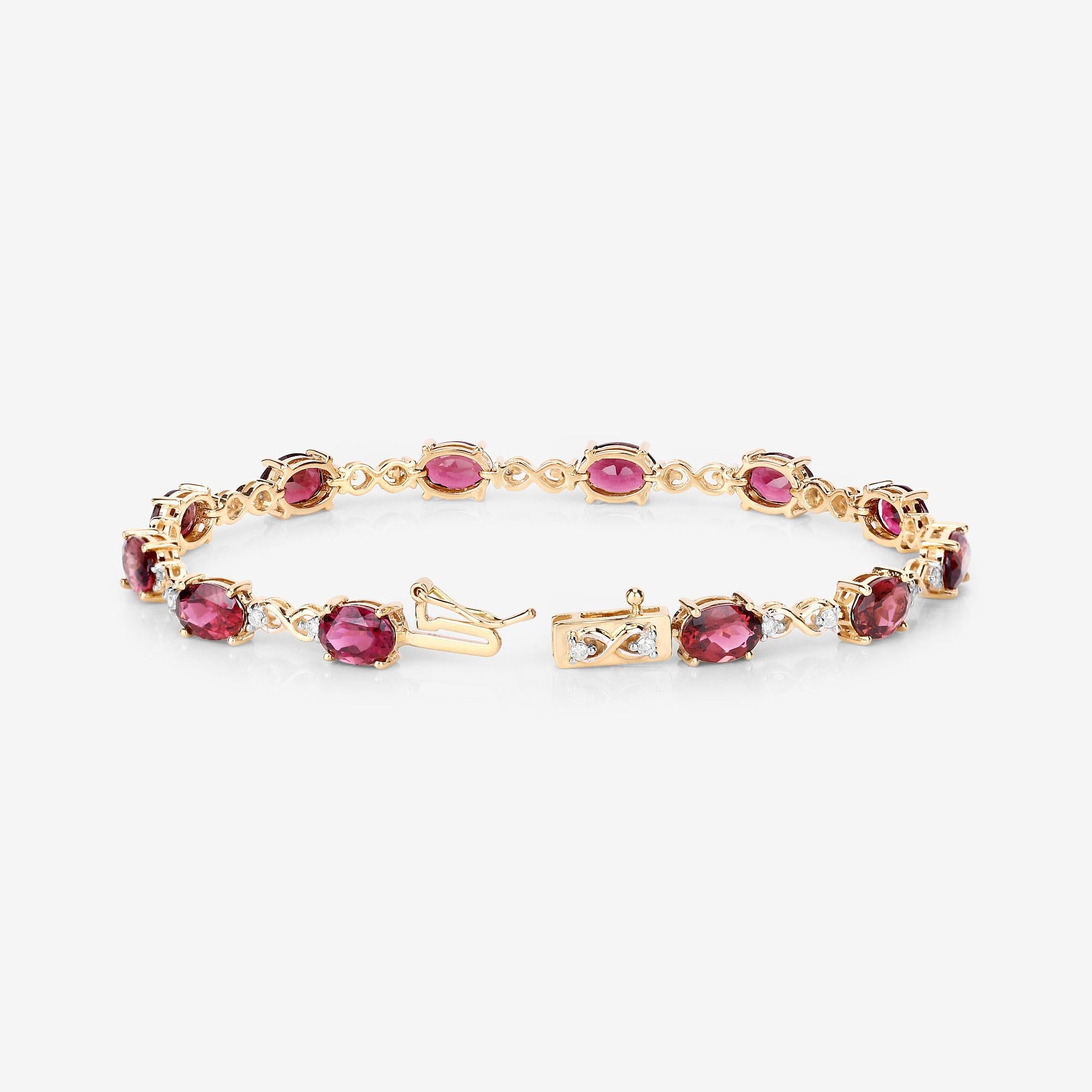 Oval Cut Natural Pink Tourmaline and Diamond Tennis Bracelet 8.75 Carats 14k Yellow Gold For Sale