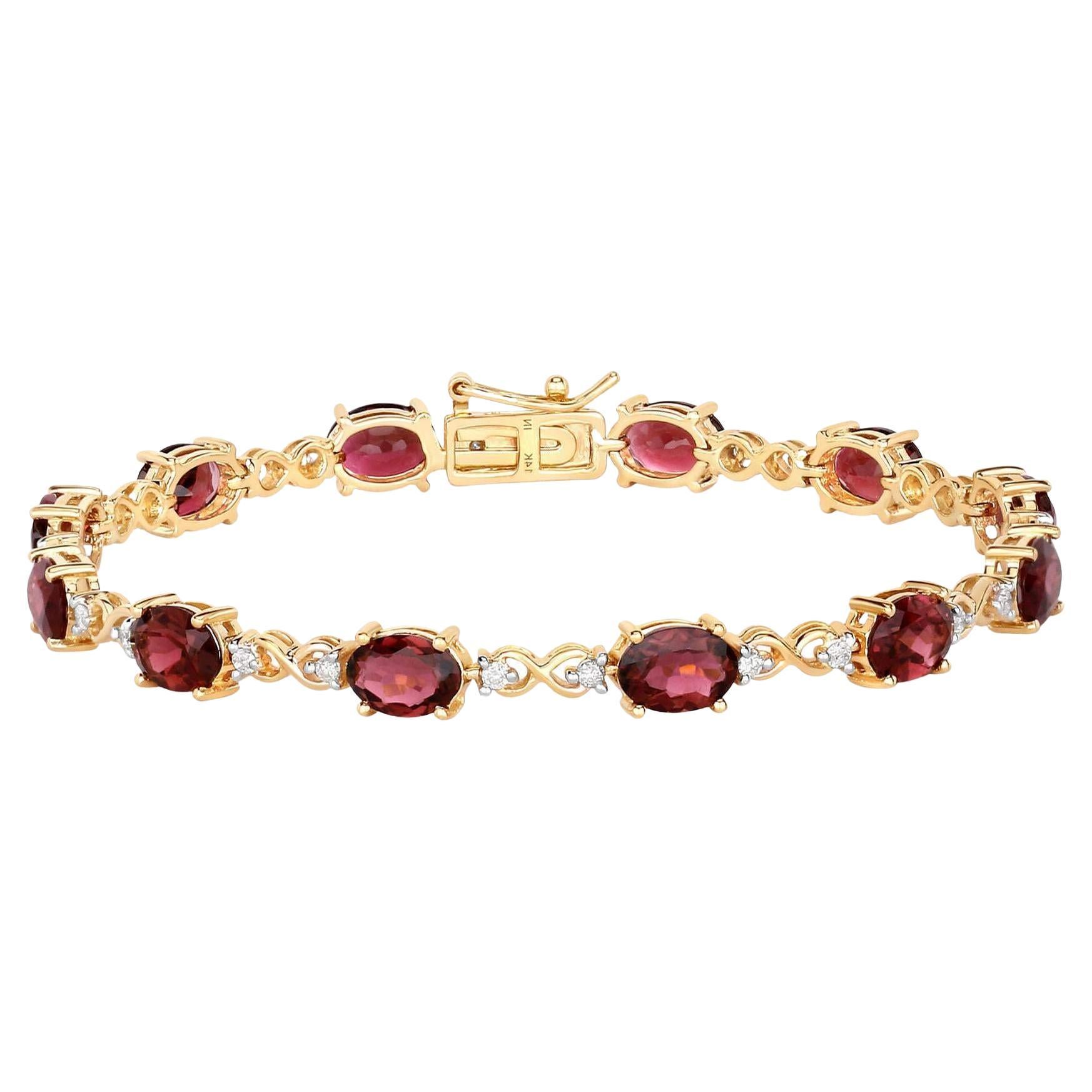 Natural Pink Tourmaline and Diamond Tennis Bracelet 8.75 Carats 14k Yellow Gold For Sale