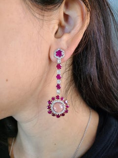 Natural Pink Tourmaline and Ruby Earring with Diamond in 18 Karat Gold