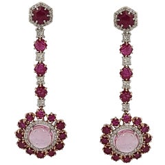 Natural Pink Tourmaline and Ruby Earring with Diamond in 18 Karat Gold