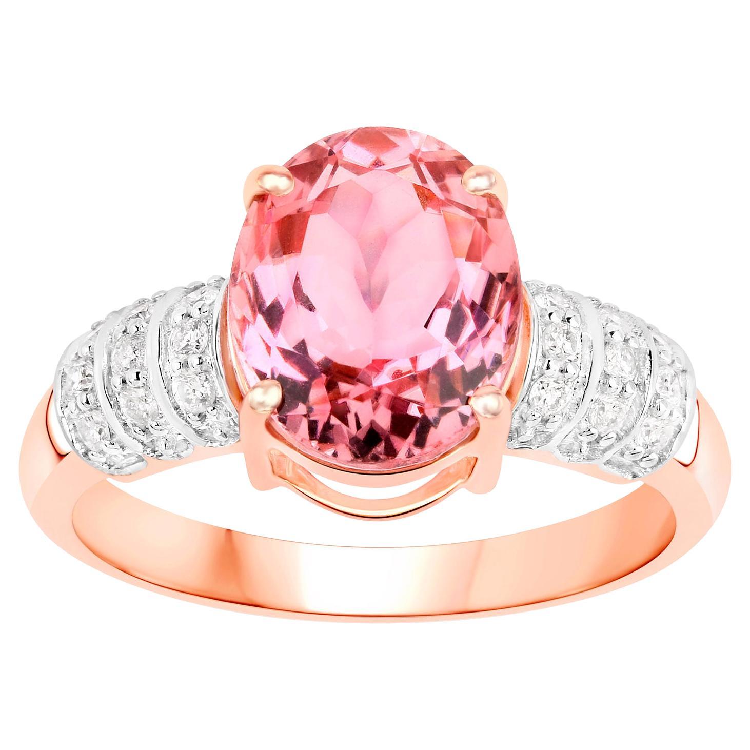Natural Pink Tourmaline Cocktail Ring Diamond Setting 3.10 Carats 14K Rose Gold For Sale