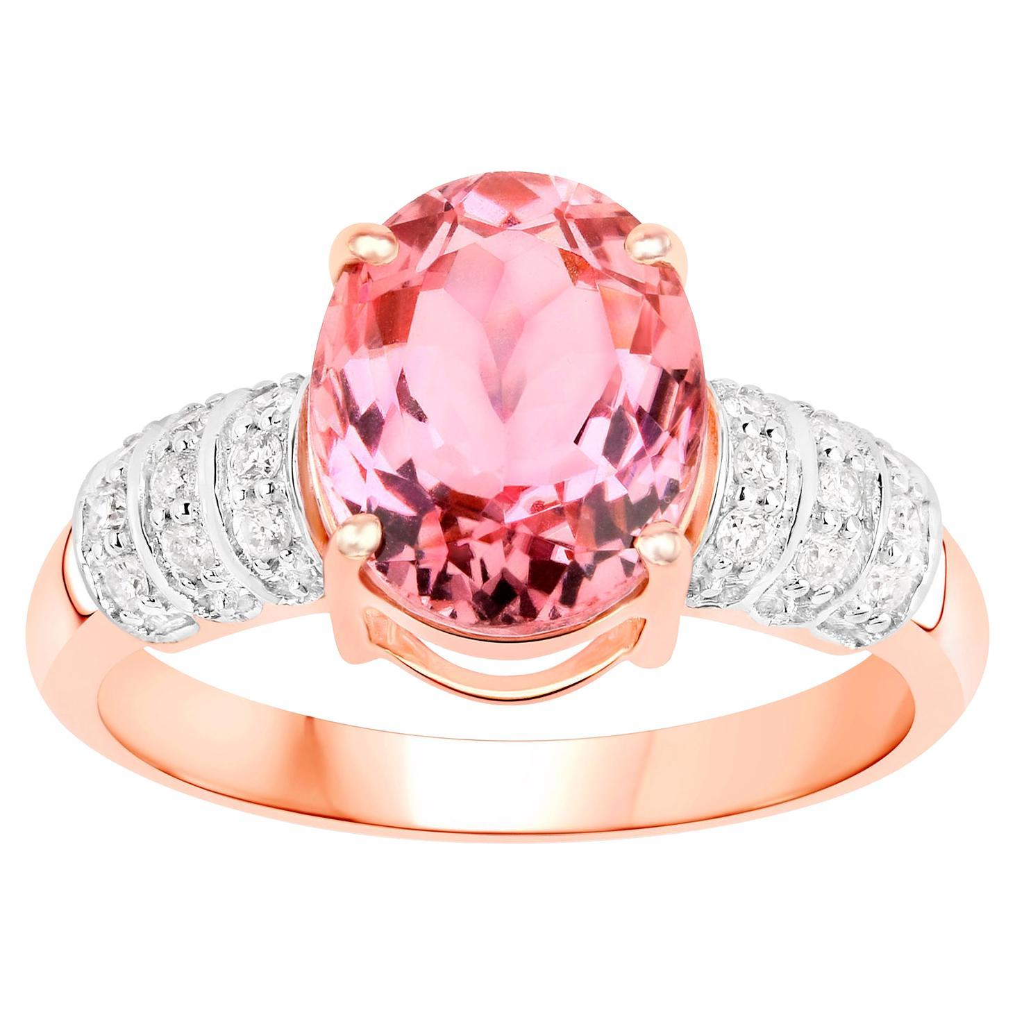 Bague cocktail en or rose 14 carats avec tourmaline rose naturelle sertie de diamants de 3,10 carats