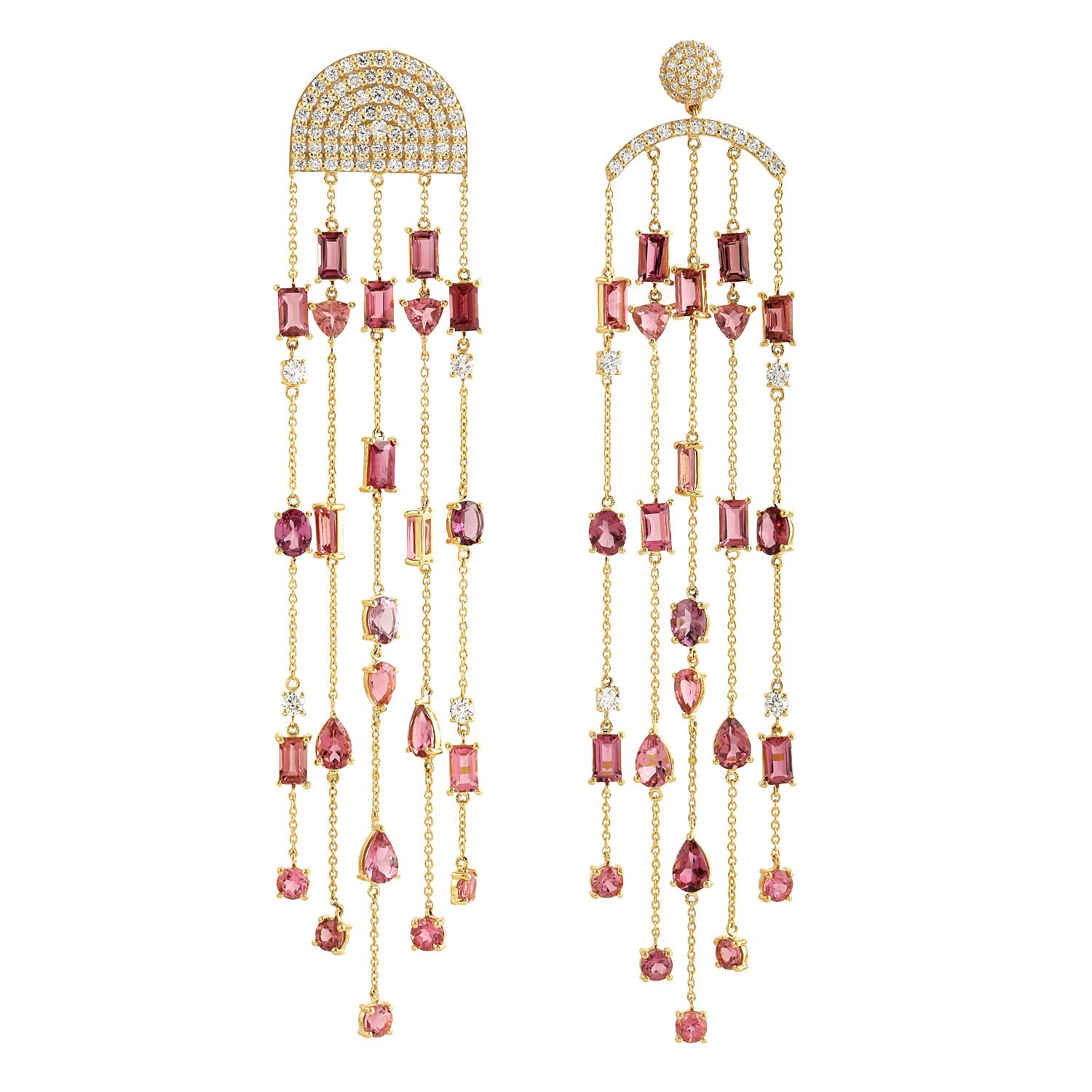 Natural Pink Tourmaline Diamond Chandelier Drop Earrings 14k Yellow