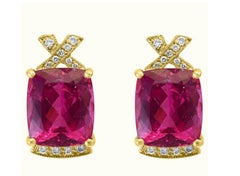 Natural Pink Tourmaline & Diamond Earring in 14k Yellow Gold