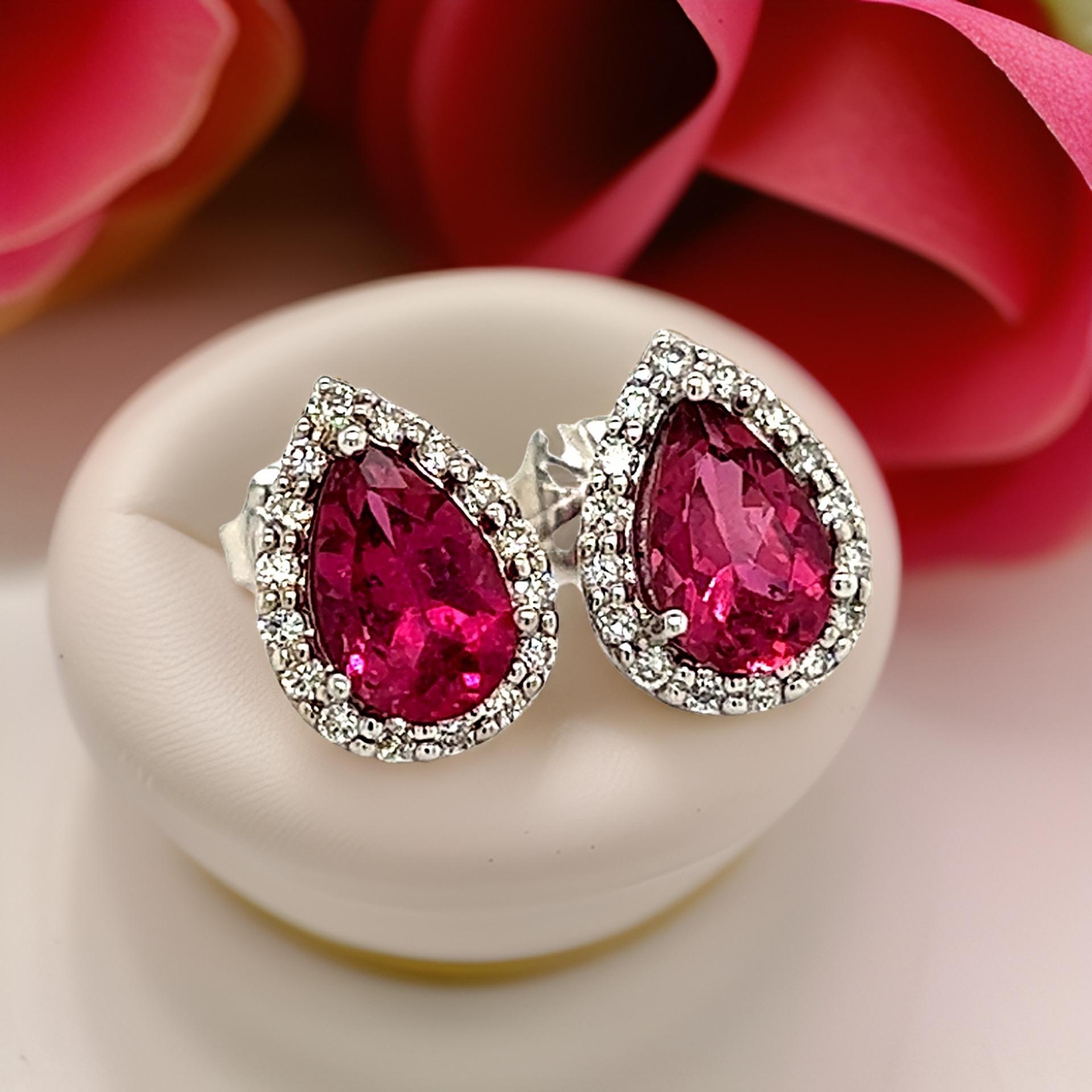 Pear Cut Natural Pink Tourmaline Diamond Stud Earrings 14k W Gold 2.02 TCW Certified For Sale