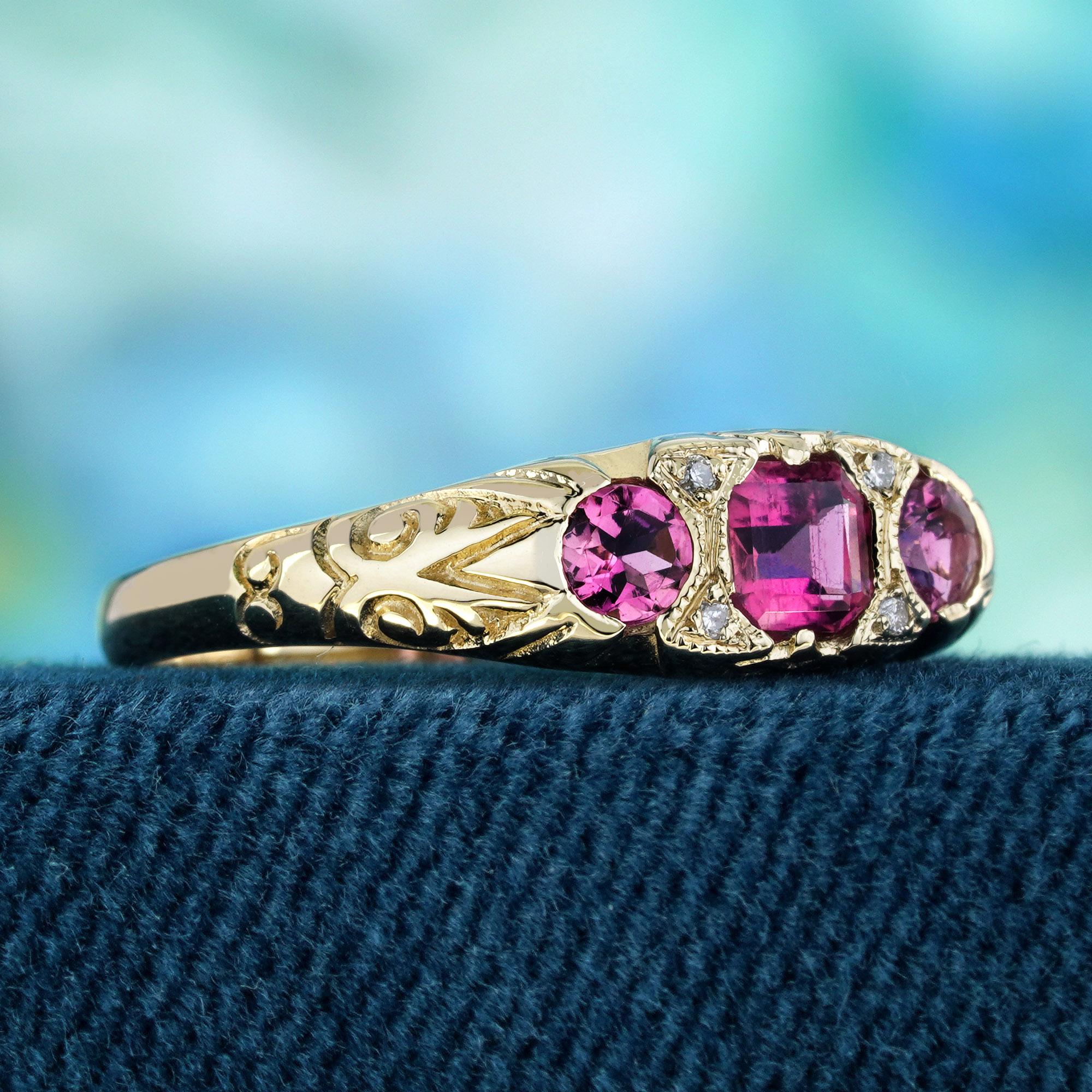 Edwardian Natural Pink Tourmaline Diamond Vintage Style Ring in Solid 9K Yellow Gold For Sale
