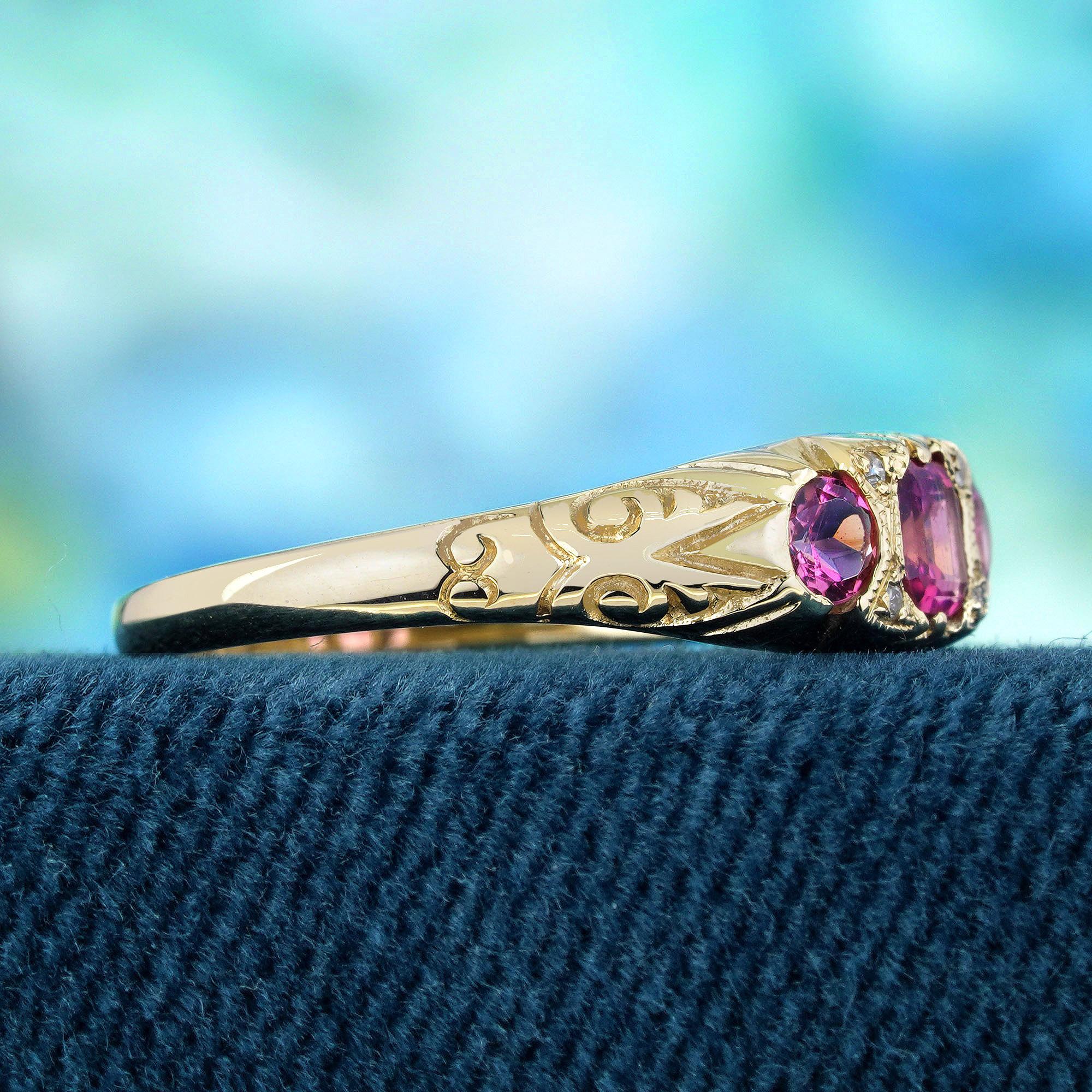 Emerald Cut Natural Pink Tourmaline Diamond Vintage Style Ring in Solid 9K Yellow Gold For Sale