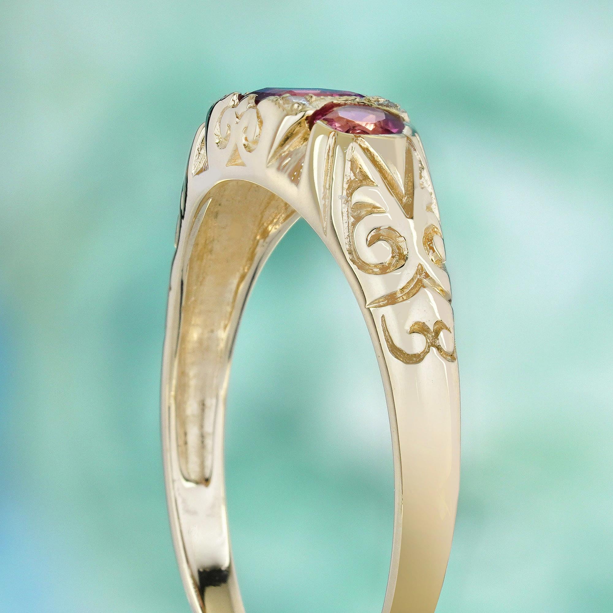 Women's Natural Pink Tourmaline Diamond Vintage Style Ring in Solid 9K Yellow Gold For Sale