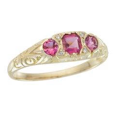 Natural Pink Tourmaline Diamond Vintage Style Ring in Solid 9K Yellow Gold
