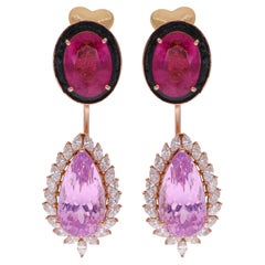 Natural Pink Tourmaline Morganite Diamond Halo Drop Earrings 14K Yellow Gold