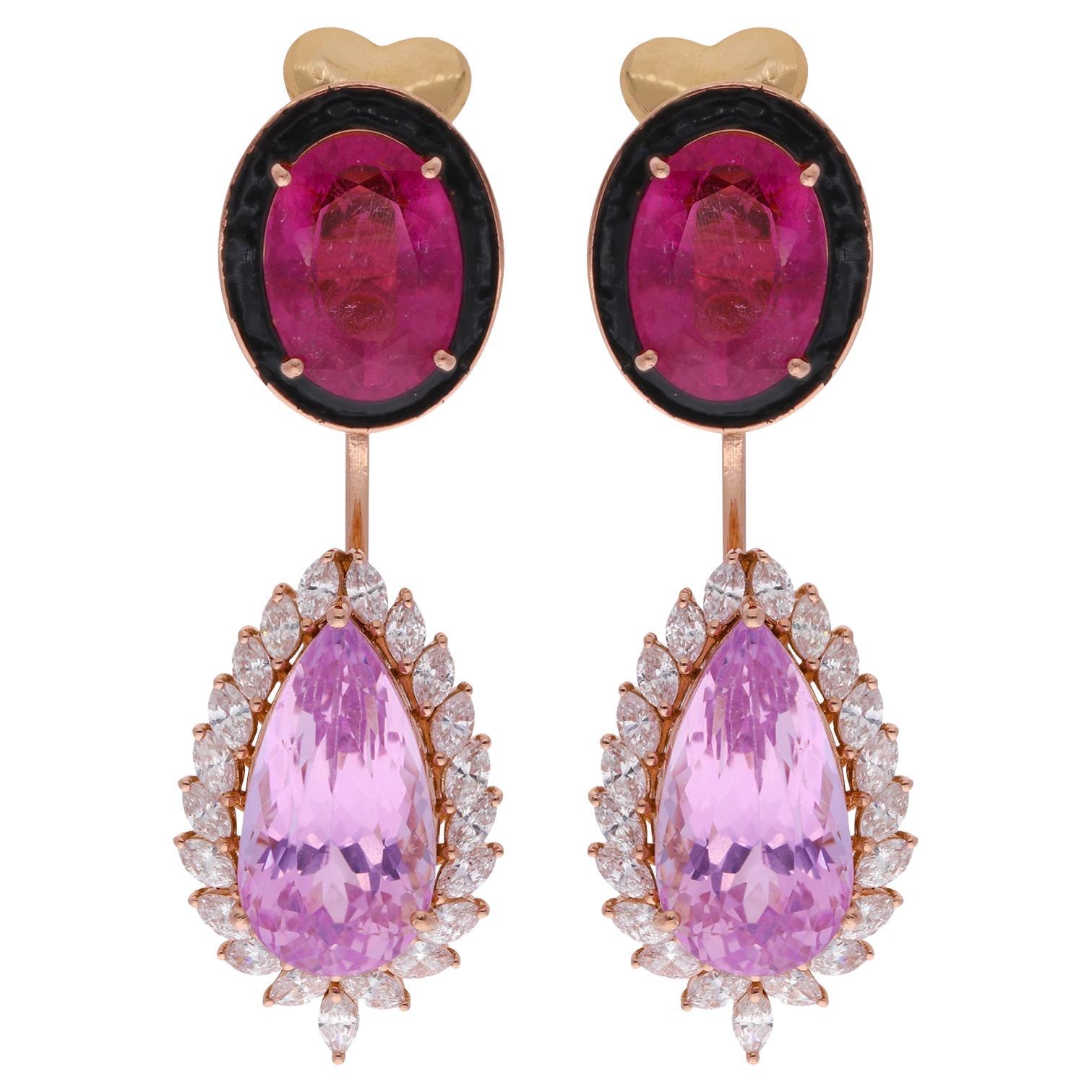 Natural Pink Tourmaline Morganite Diamond Halo Drop Earrings 18K Yellow Gold Damen im Angebot