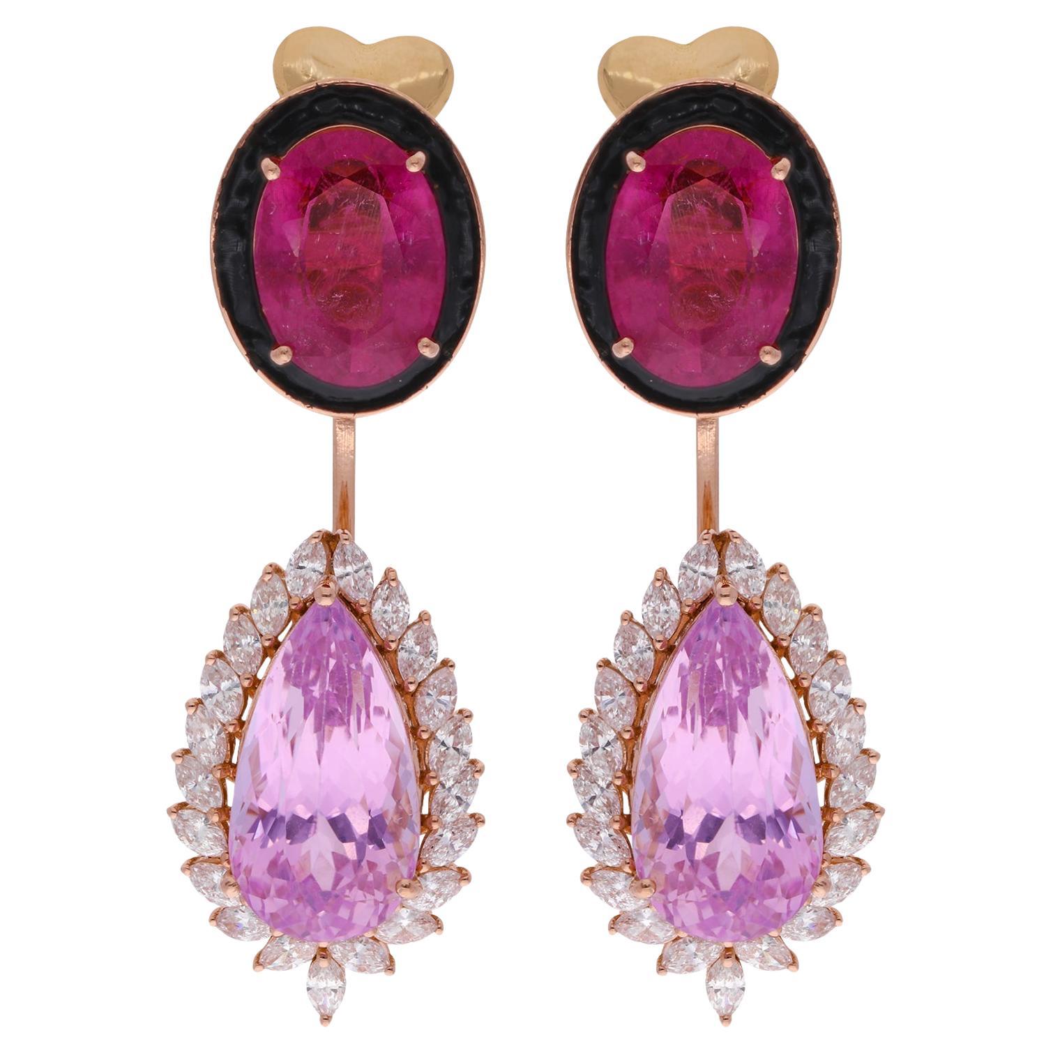 Natural Pink Tourmaline Morganite Diamond Halo Drop Earrings 18K Yellow Gold
