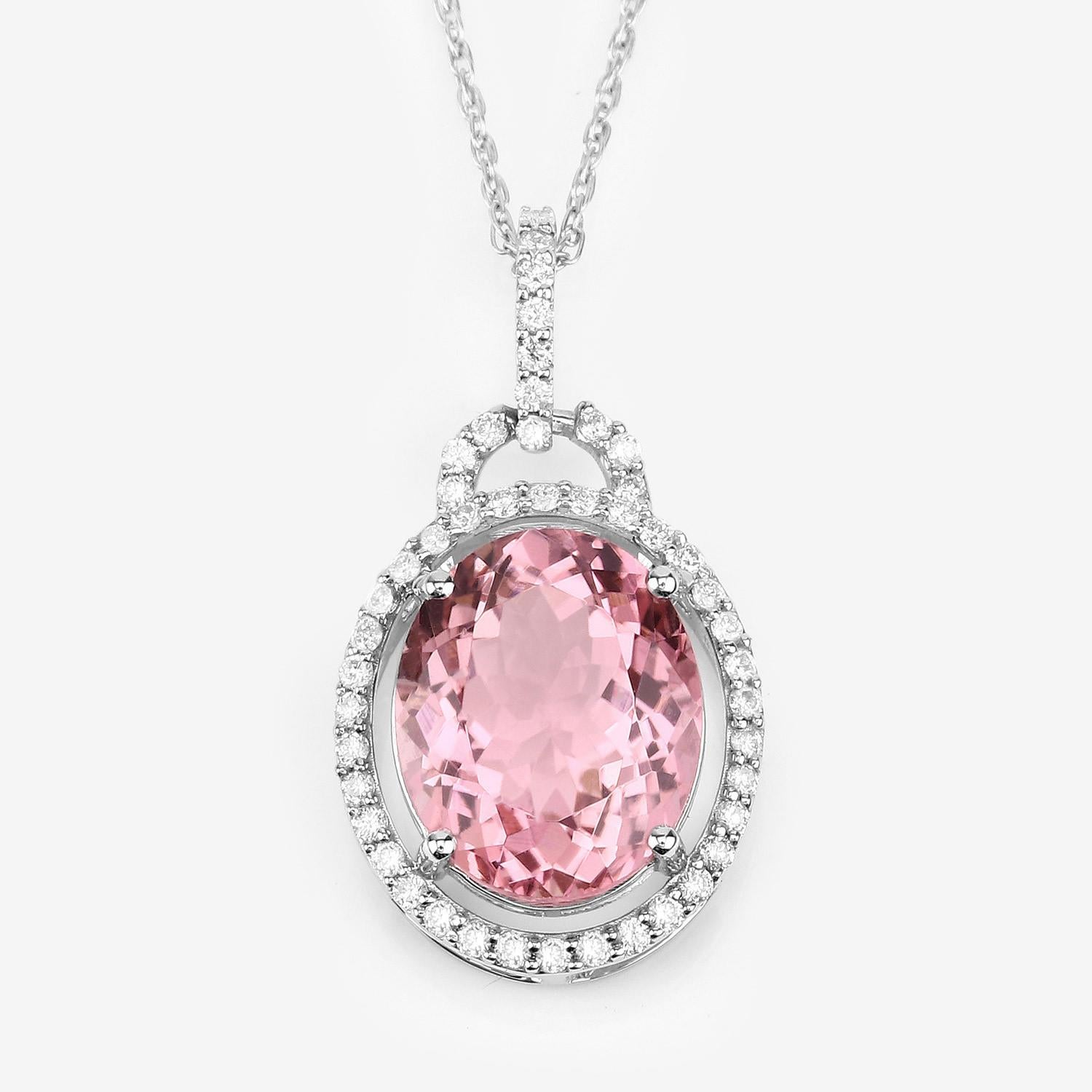 Contemporary Natural Pink Tourmaline Pendant Diamond Setting 3.90 Carats 14K White Gold For Sale