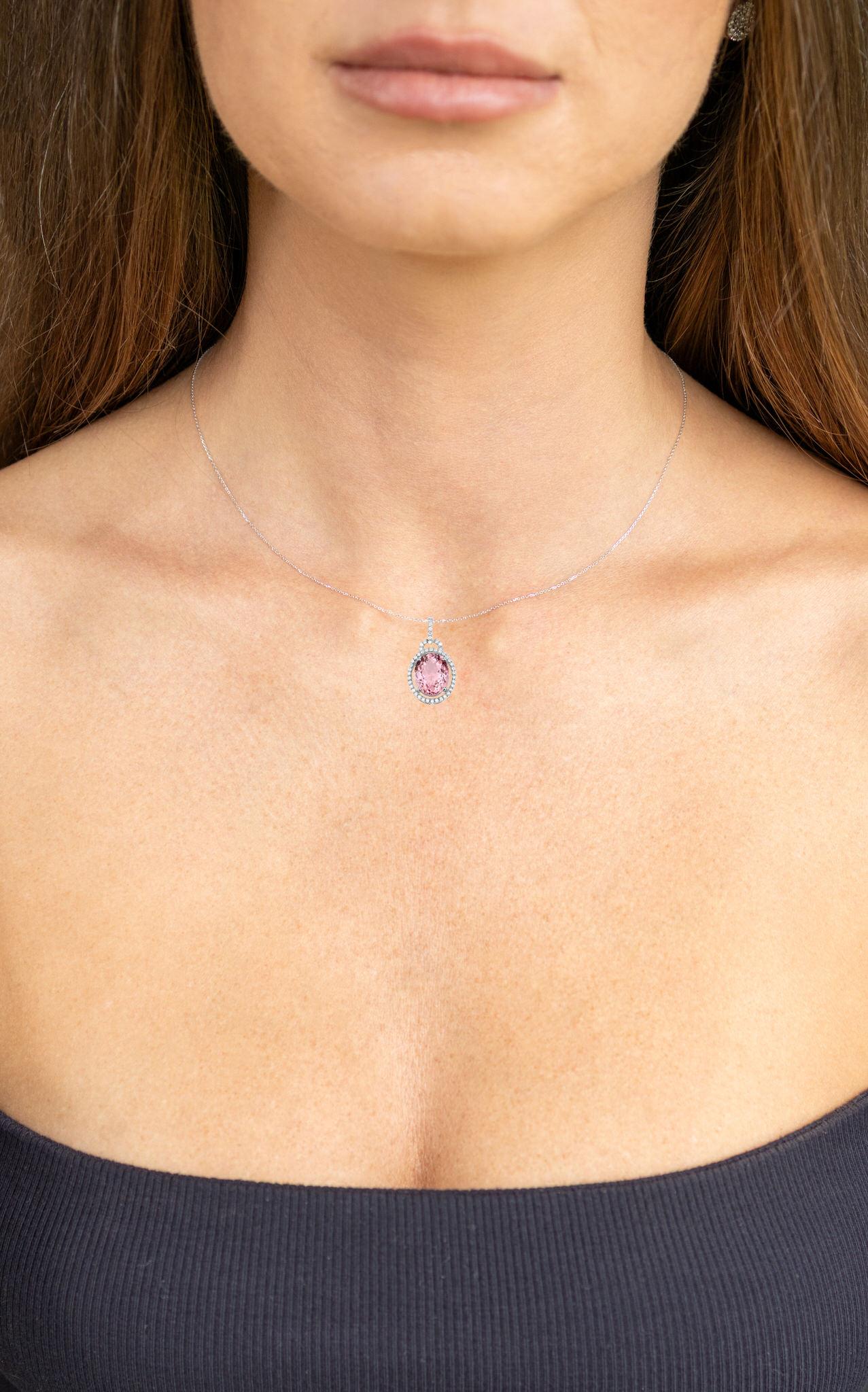 Contemporary Natural Pink Tourmaline Pendant Diamond Setting 3.90 Carats 14K White Gold For Sale