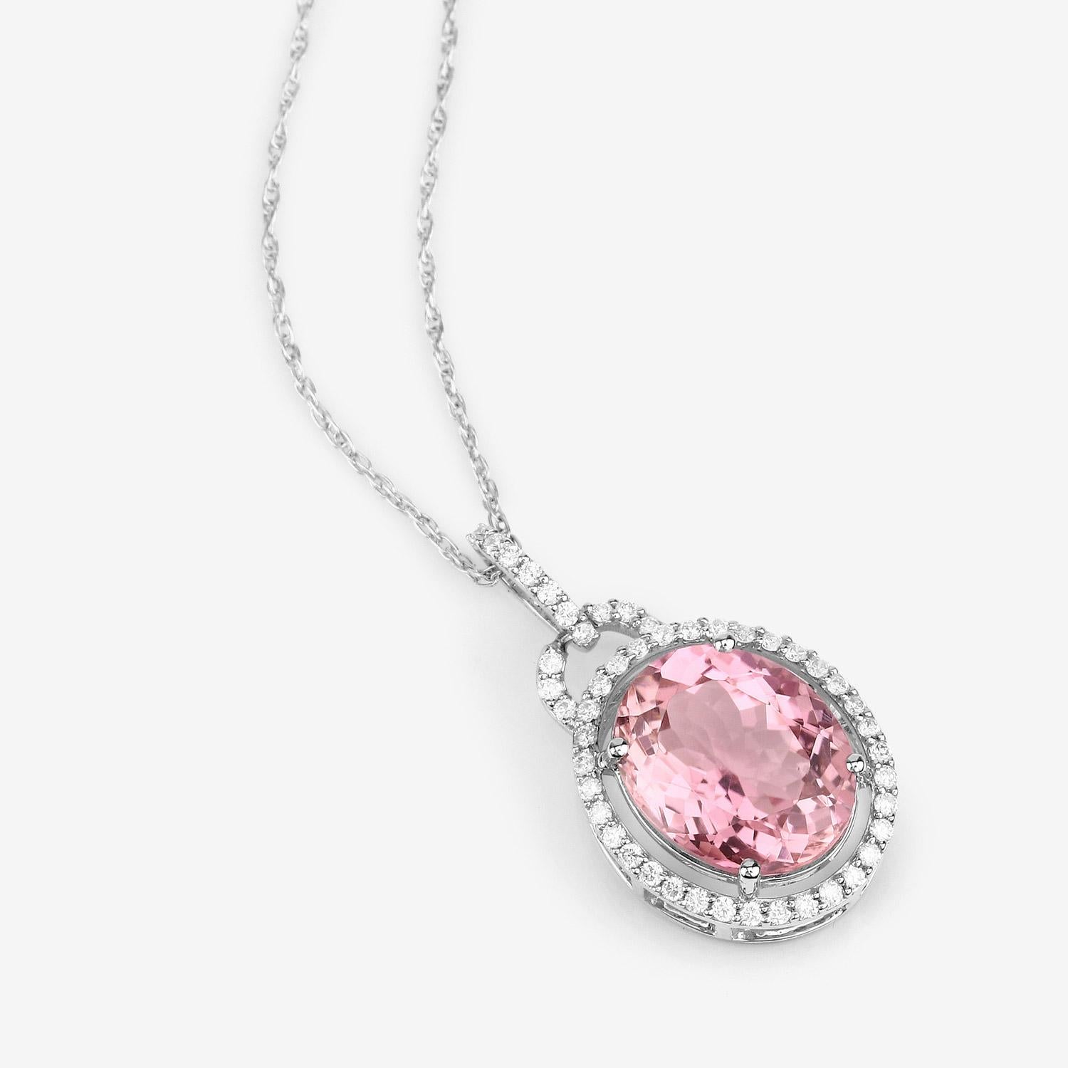 Taglio ovale Ciondolo con tormalina rosa naturale con diamante 3,90 carati in oro bianco 14K in vendita