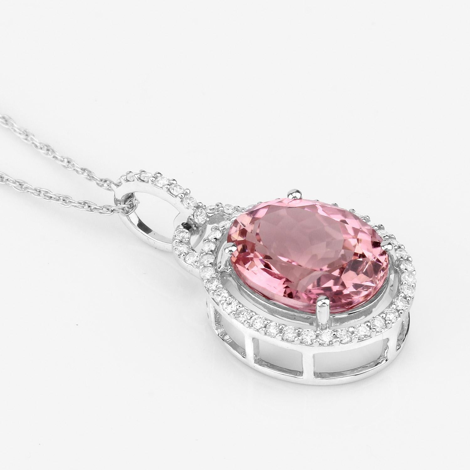 Natural Pink Tourmaline Pendant Diamond Setting 3.90 Carats 14K White Gold For Sale 1