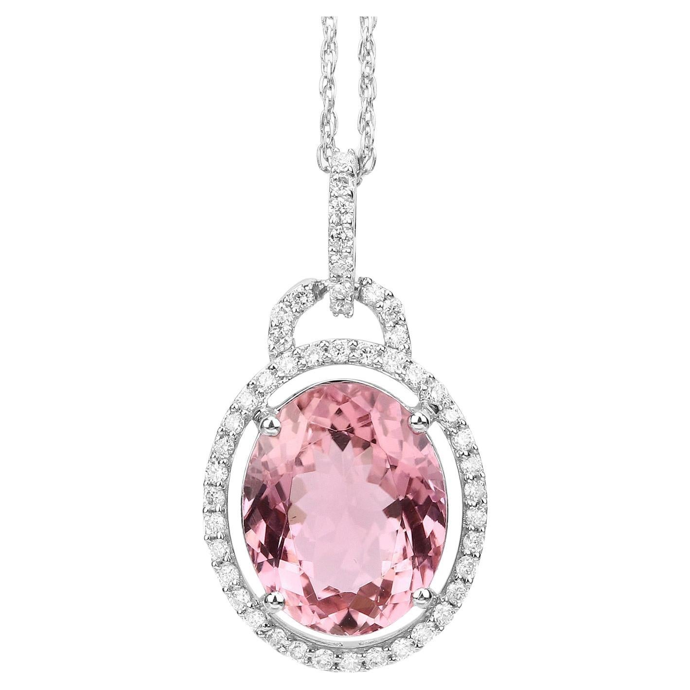 Natural Pink Tourmaline Pendant Diamond Setting 3.90 Carats 14K White Gold For Sale