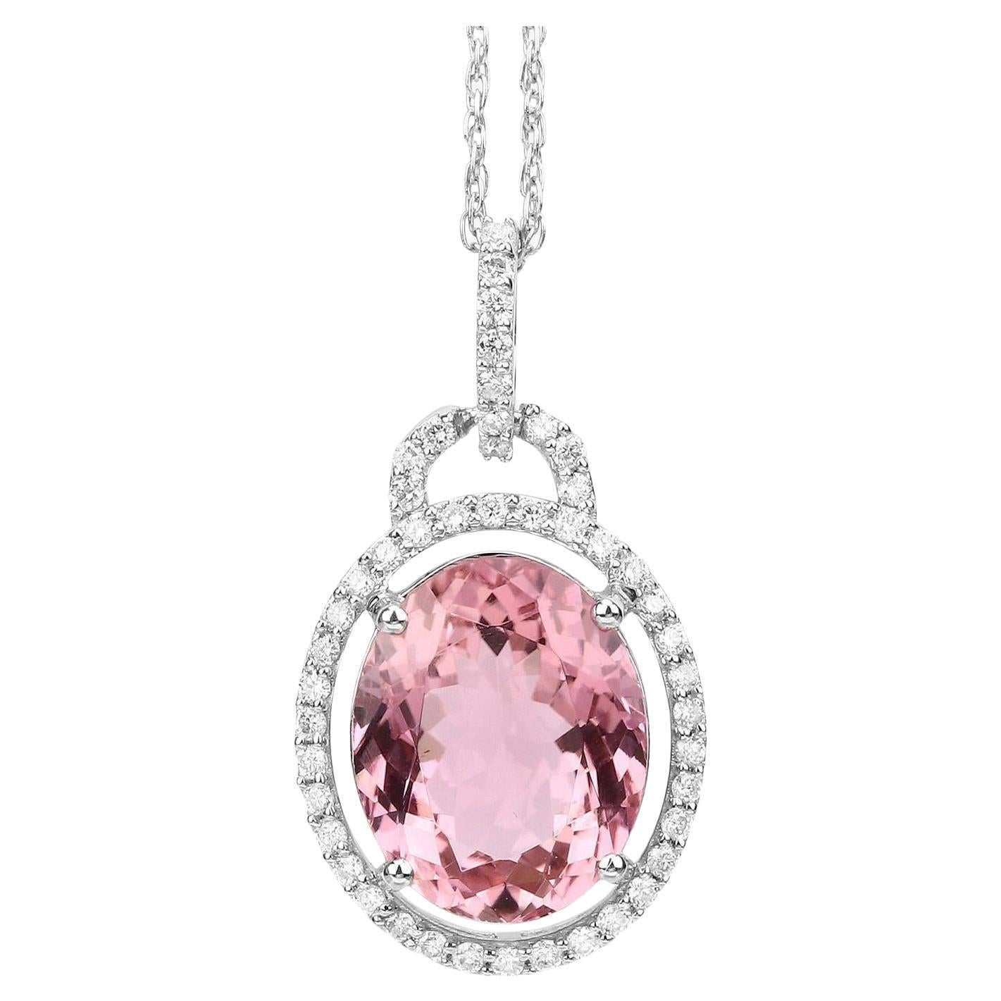 Pendentif en or blanc 14 carats serti d'une tourmaline rose naturelle et d'un diamant de 3,90 carats