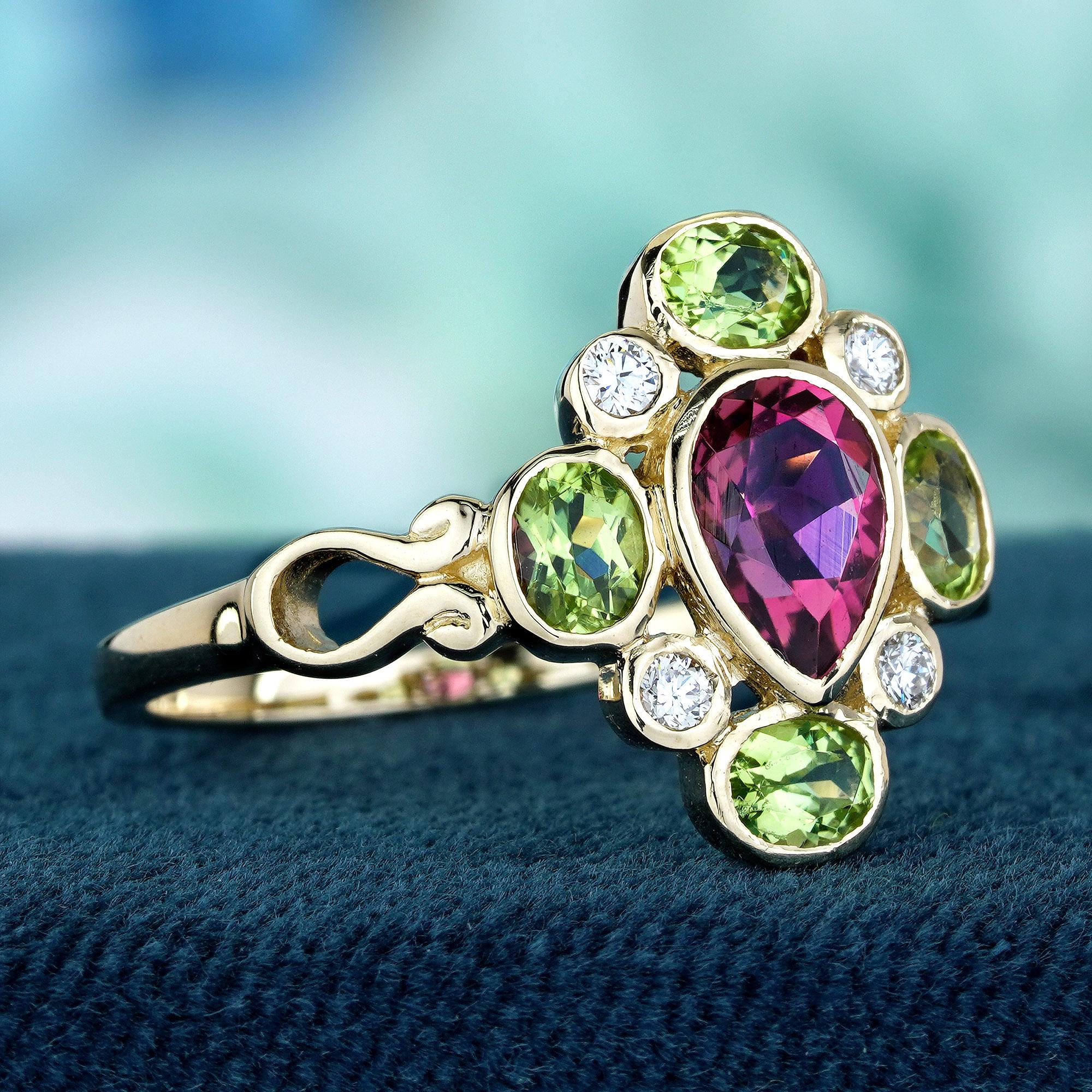 Turmalina rosa natural Peridoto Diamante Anillo en racimo estilo vintage en oro de 9 quilates Eduardiano en venta