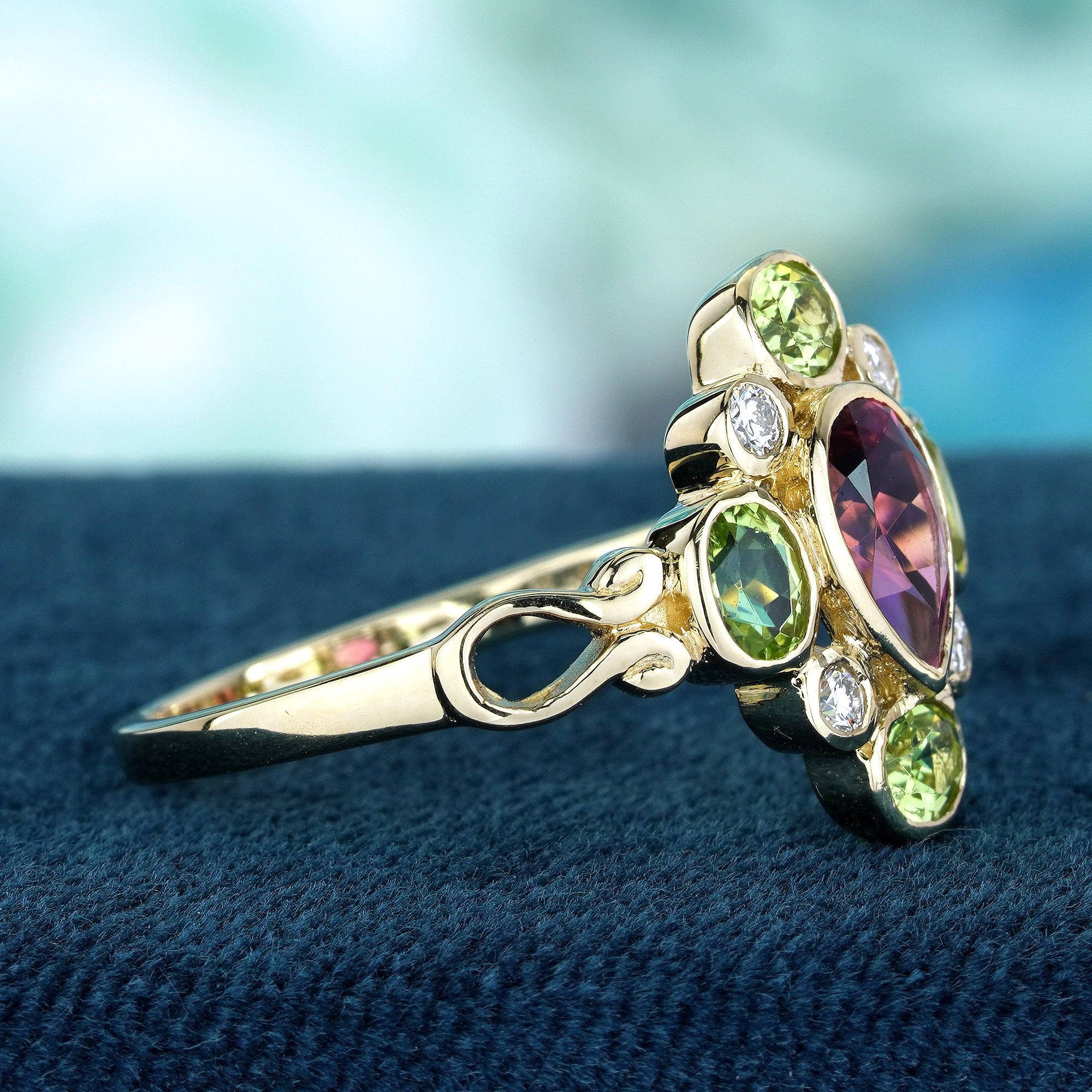 Turmalina rosa natural Peridoto Diamante Anillo en racimo estilo vintage en oro de 9 quilates Corte pera en venta