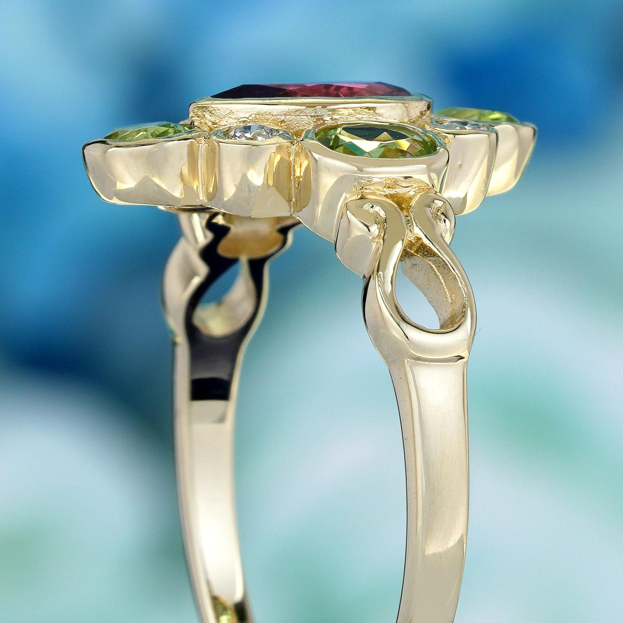 De las mujeres Turmalina rosa natural Peridoto Diamante Anillo en racimo estilo vintage en oro de 9 quilates en venta