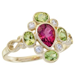 Bague grappe de style vintage en or 9 carats, tourmaline rose naturelle, péridot et diamant