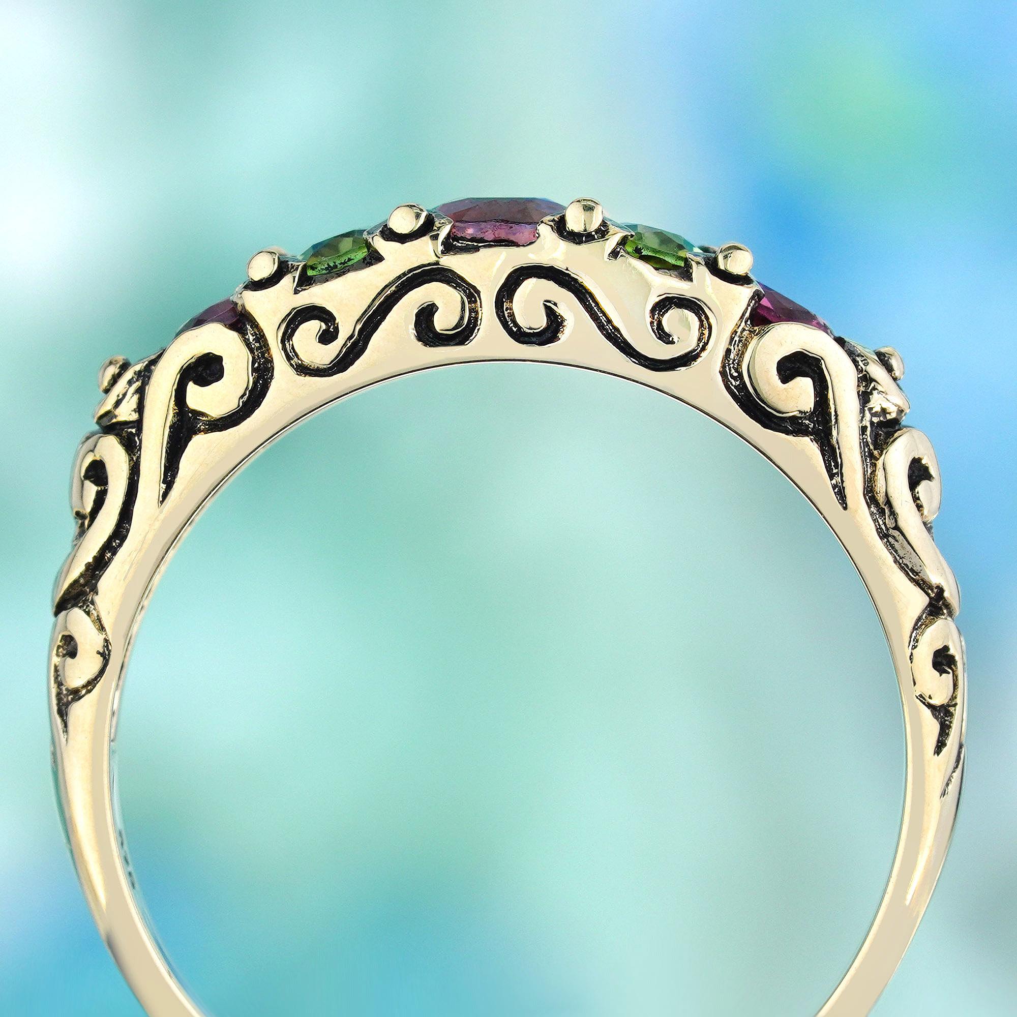 Oval Cut Natural Pink Tourmaline Peridot Vintage Style Ring in Solid 9K Yellow Gold For Sale