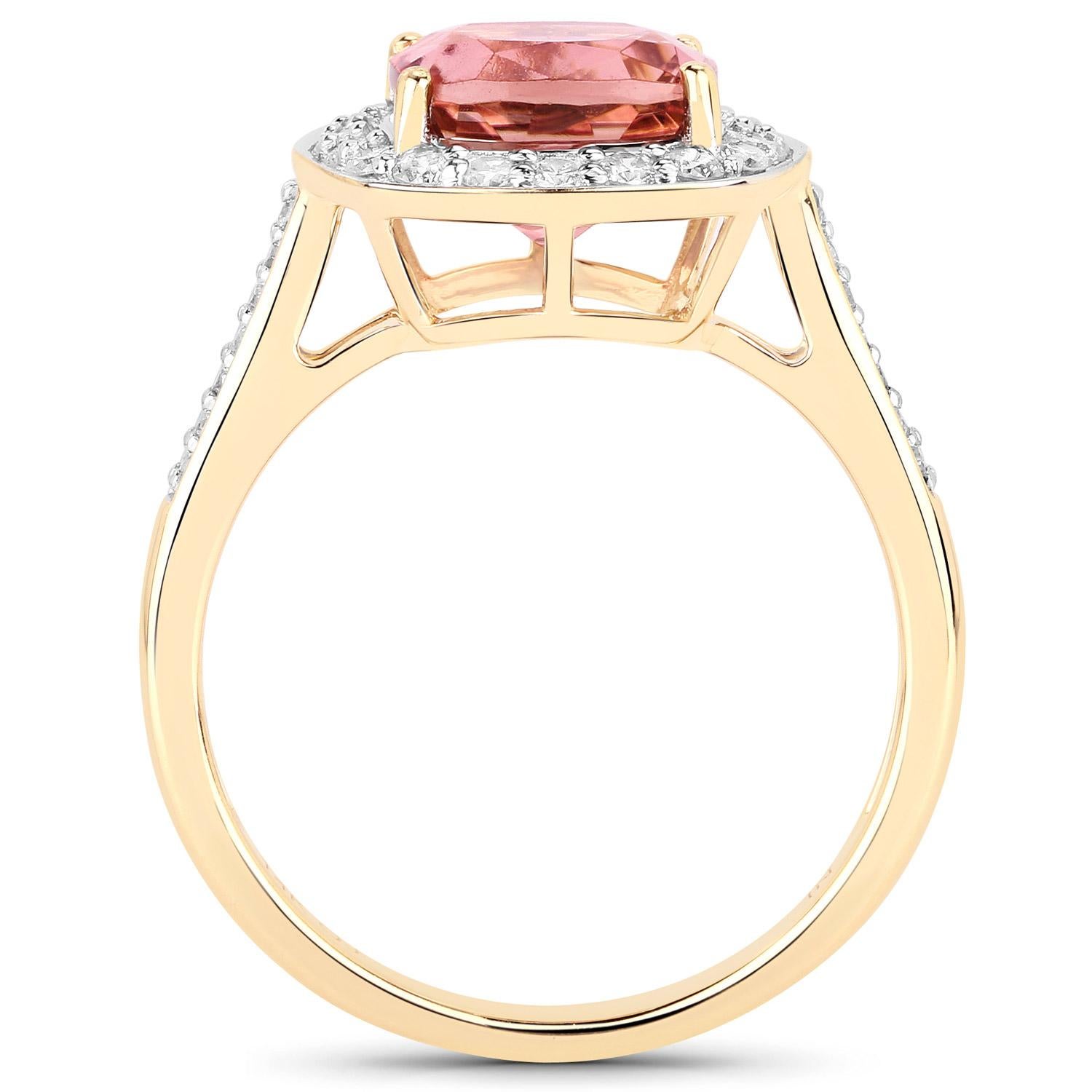 Natural Pink Tourmaline Ring Diamond Halo 2.70 Carats 14K Yellow Gold In Excellent Condition For Sale In Laguna Niguel, CA
