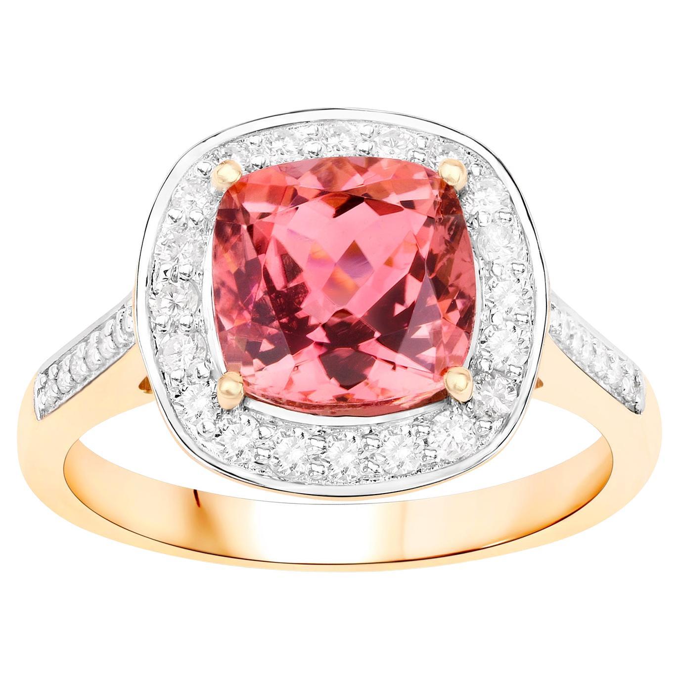 Natural Pink Tourmaline Ring Diamond Halo 2.70 Carats 14K Yellow Gold