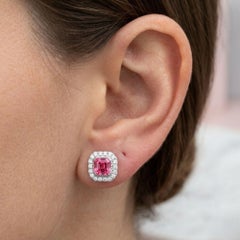 Natural Pink Tourmaline SI/H Diamond Halo Stud Earrings 18 Karat White Gold