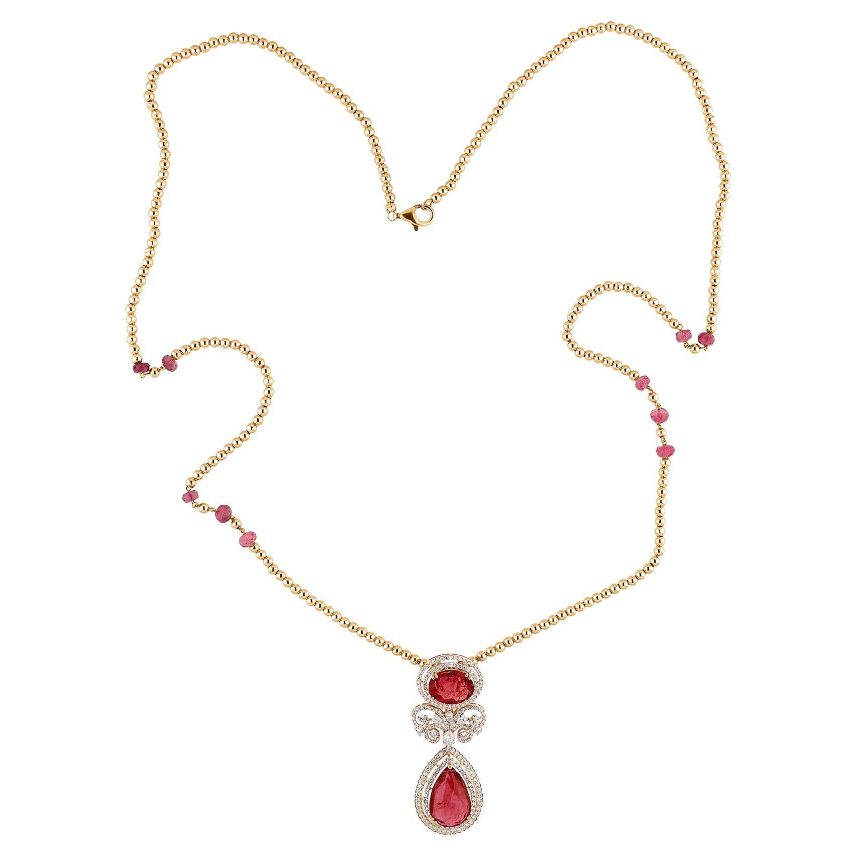 Natural Pink Tourmaline SI/H Diamond Pendant Fine Necklace 18 Karat Yellow Gold