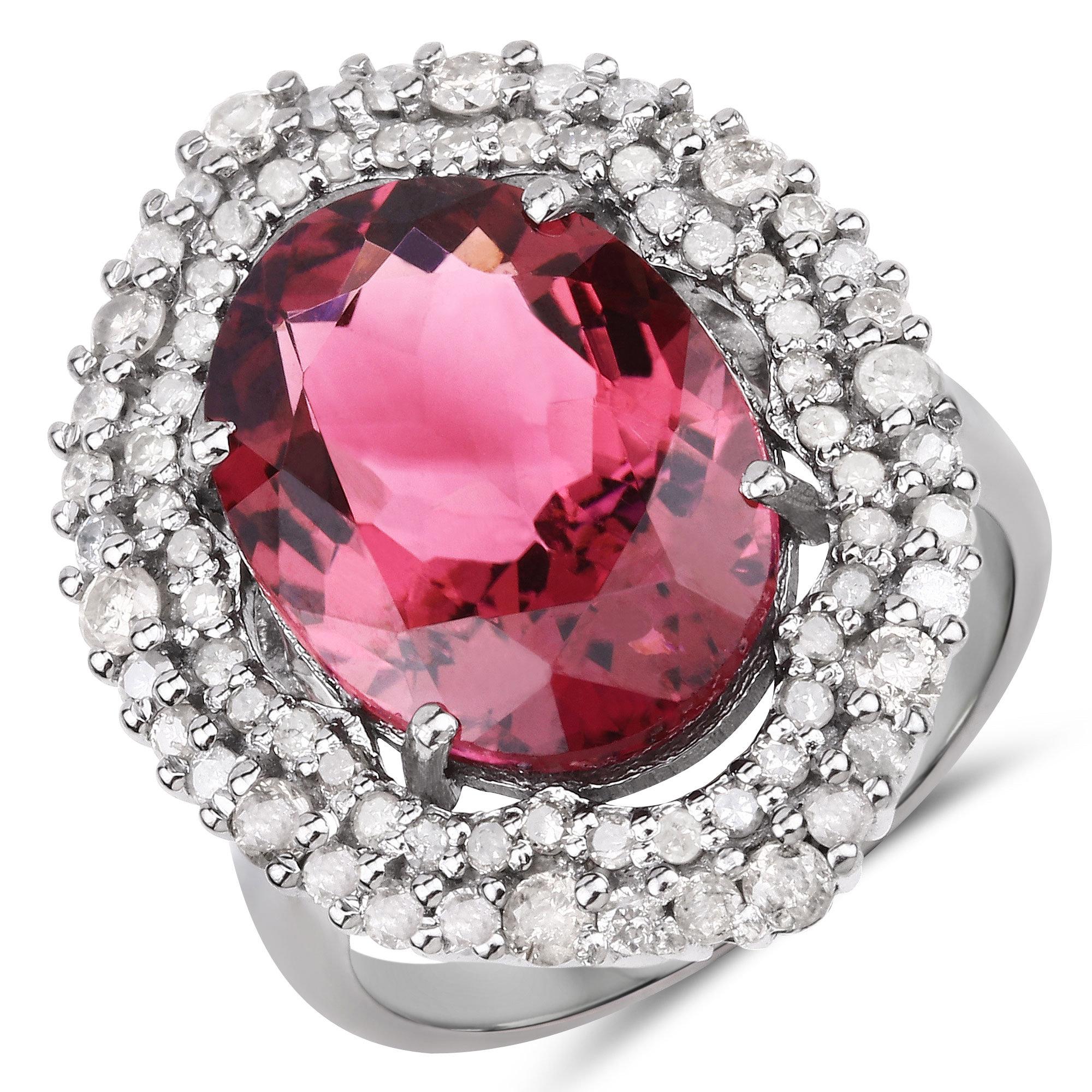 Contemporary Natural Pink Tourmaline Statement Ring With Diamonds 9 Carats Total For Sale