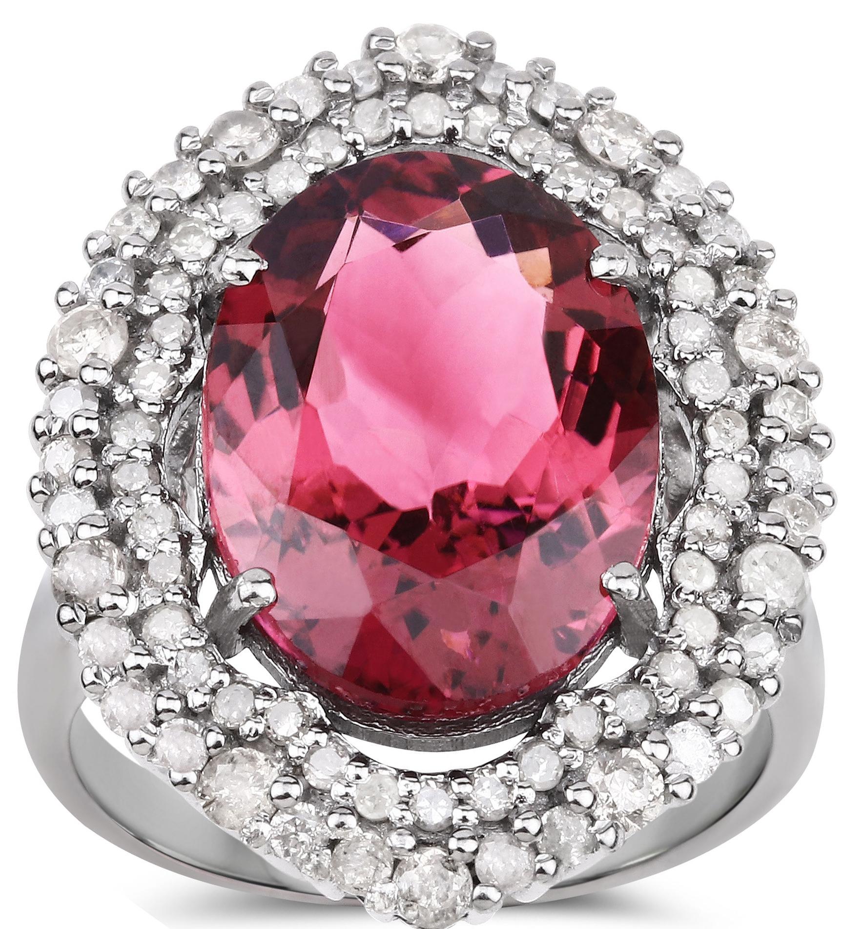 Contemporary Natural Pink Tourmaline Statement Ring With Diamonds 9 Carats Total For Sale