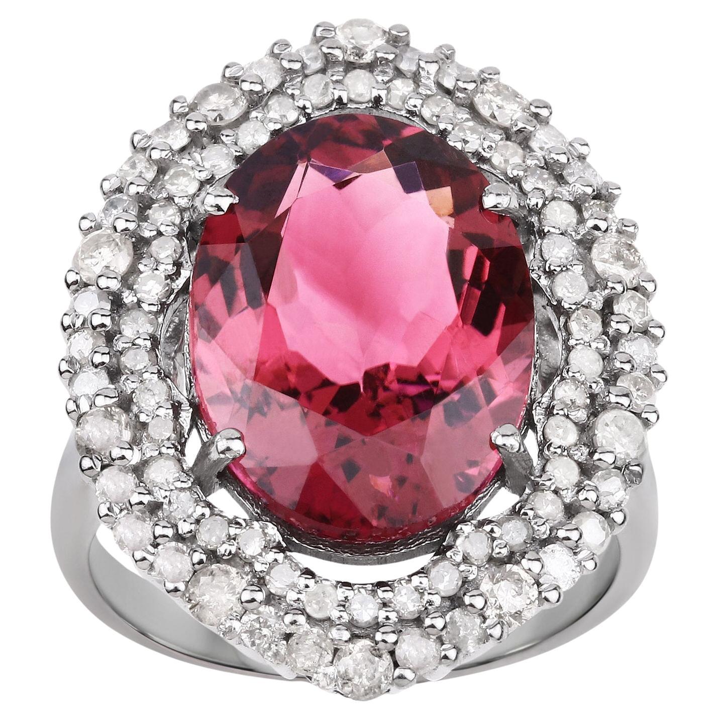 Natural Pink Tourmaline Statement Ring With Diamonds 9 Carats Total For Sale