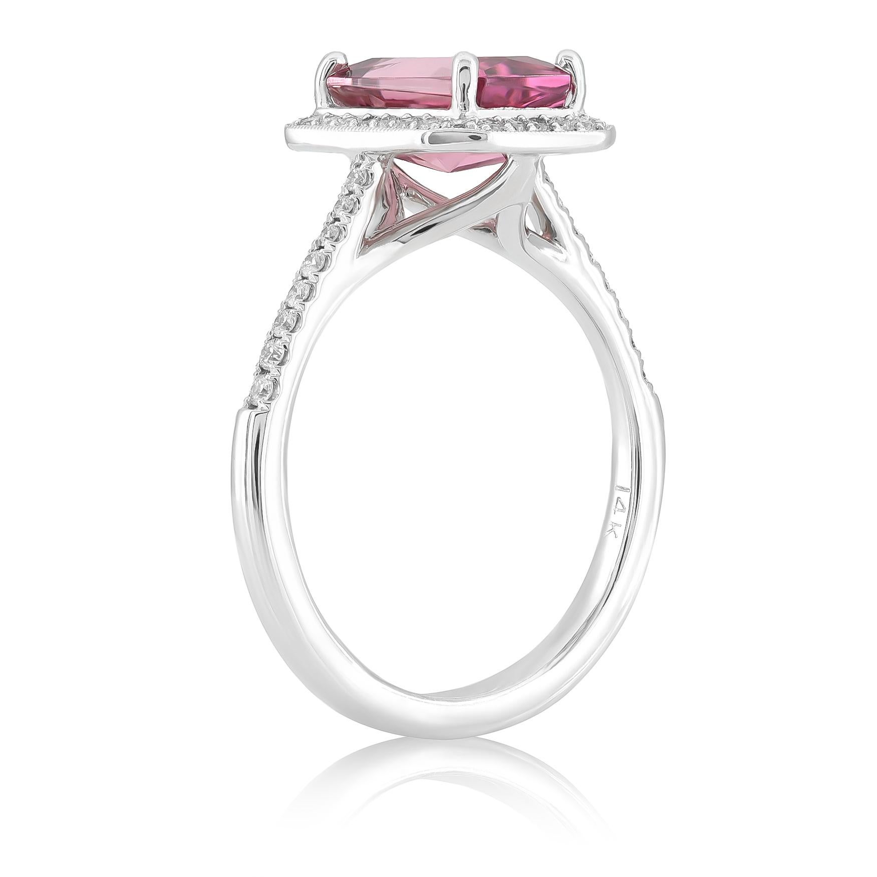 Mixed Cut Natural Pink Tourmaline Stone 1.59 carats in 14K White Gold Ring with Diamonds For Sale