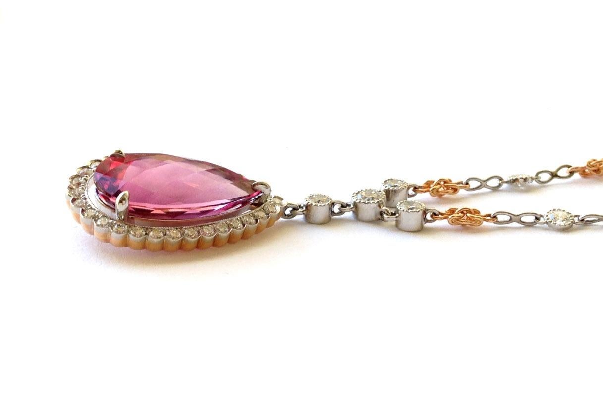 Mixed Cut Natural Pink Tourmaline Stone 6.65 cts in Platinum & 18KRG Pendant with Diamonds For Sale