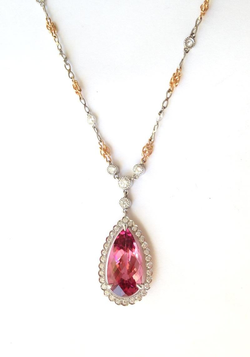 Women's Natural Pink Tourmaline Stone 6.65 cts in Platinum & 18KRG Pendant with Diamonds For Sale
