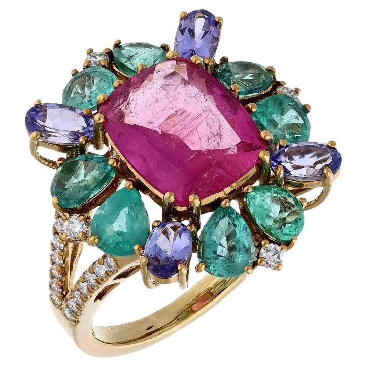 Bague en or 18k avec tourmaline rose naturelle, tanzanite, émeraude et diamant