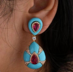 Natural Pink Tourmaline, Turquoise & Diamond Earring in 18k Gold