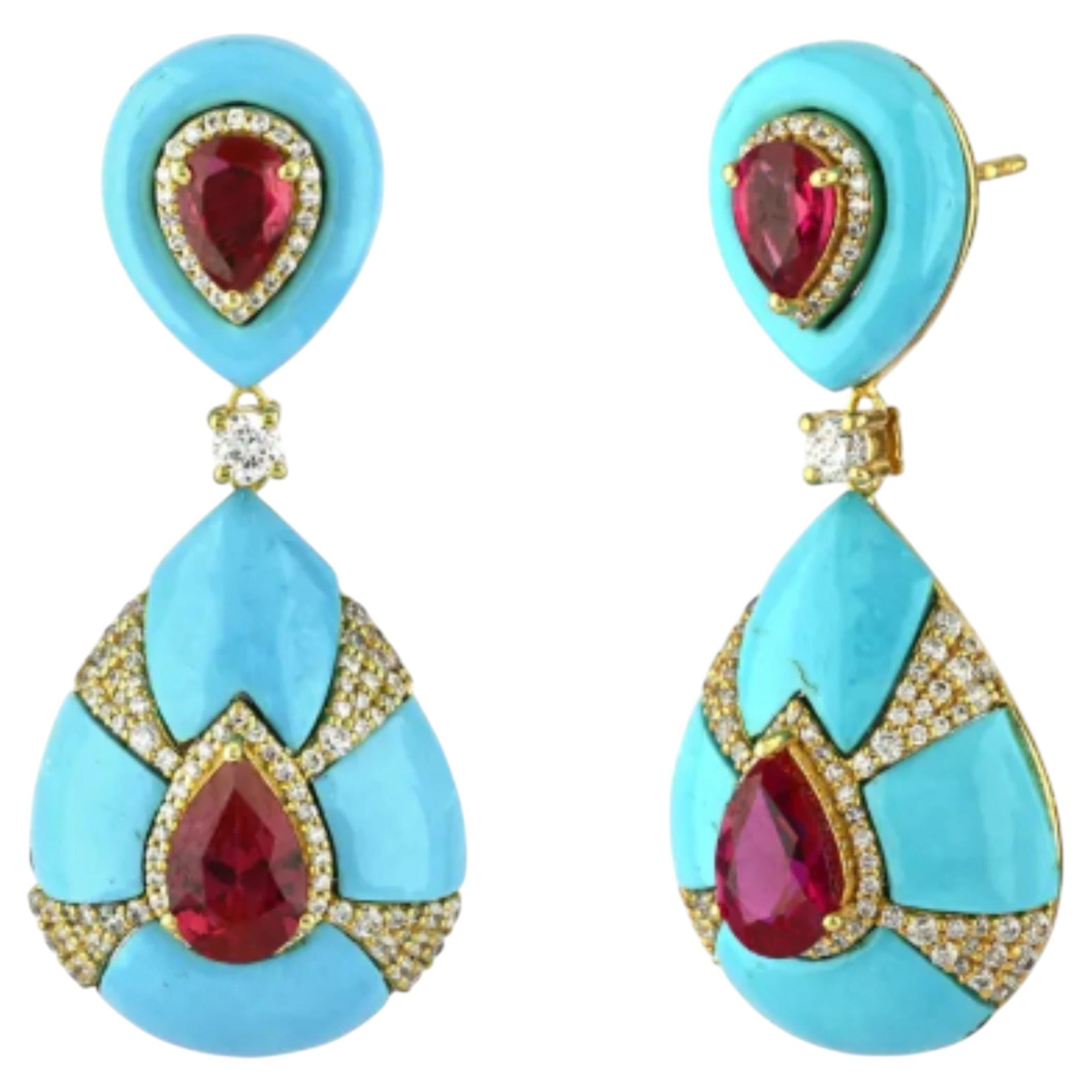 Pendientes de oro amarillo de 18 quilates con turmalina, turquesa y diamantes, 1,42 ct.