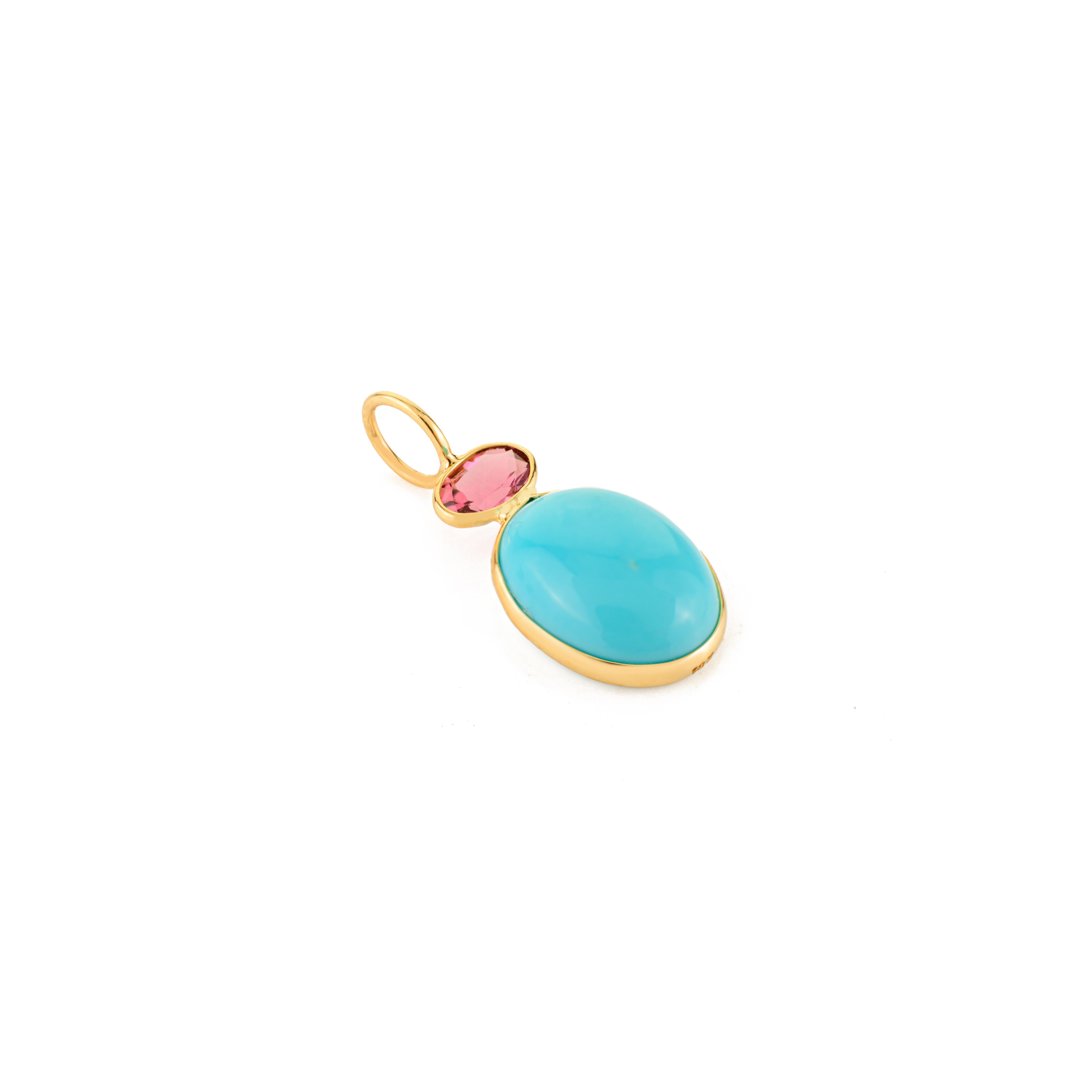 Moderne Natural Pink Tourmaline & Turquoise Double Stone Pendant in 18K Yellow Gold en vente