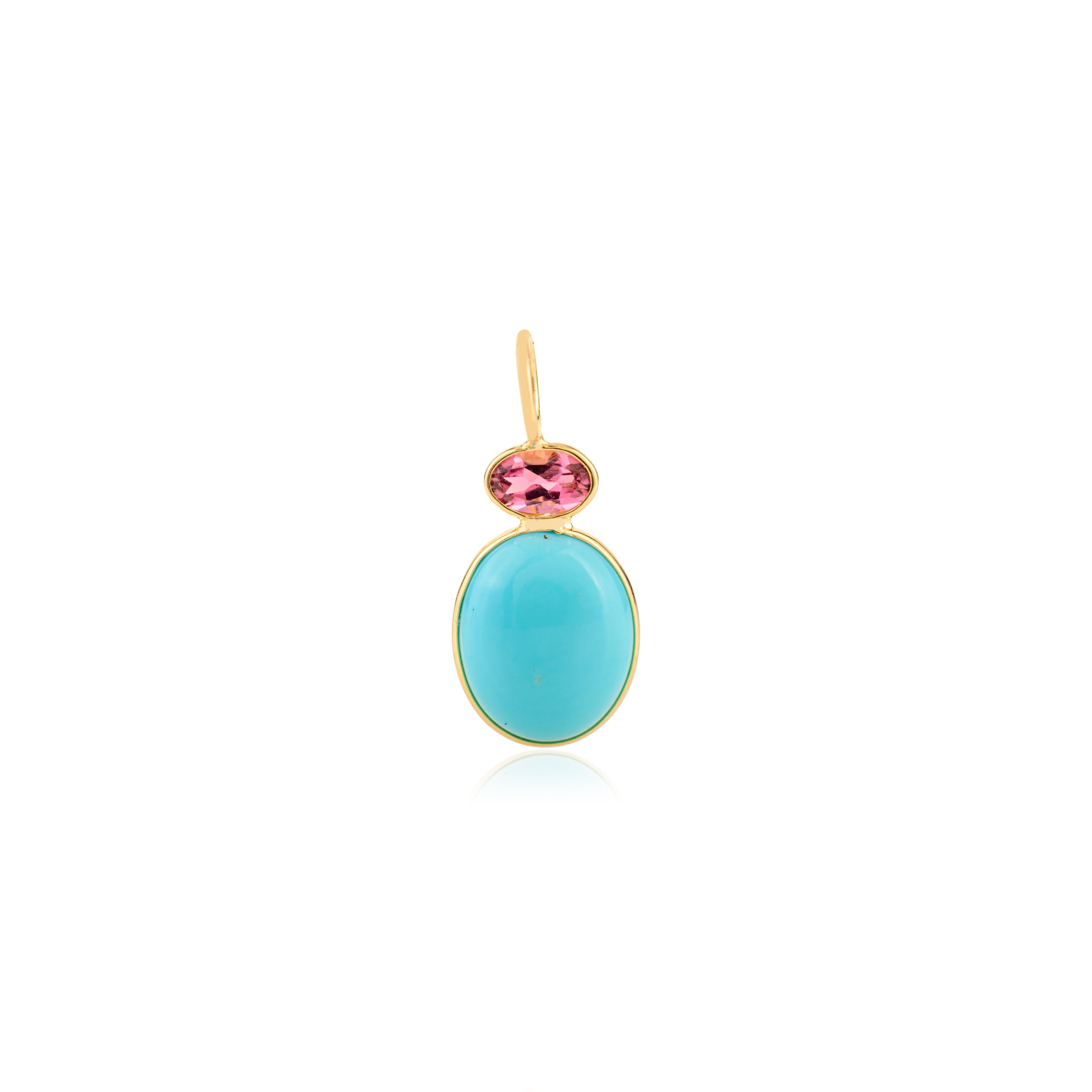 Natural Pink Tourmaline & Turquoise Double Stone Pendant in 18K Yellow Gold Neuf - En vente à New York, NY