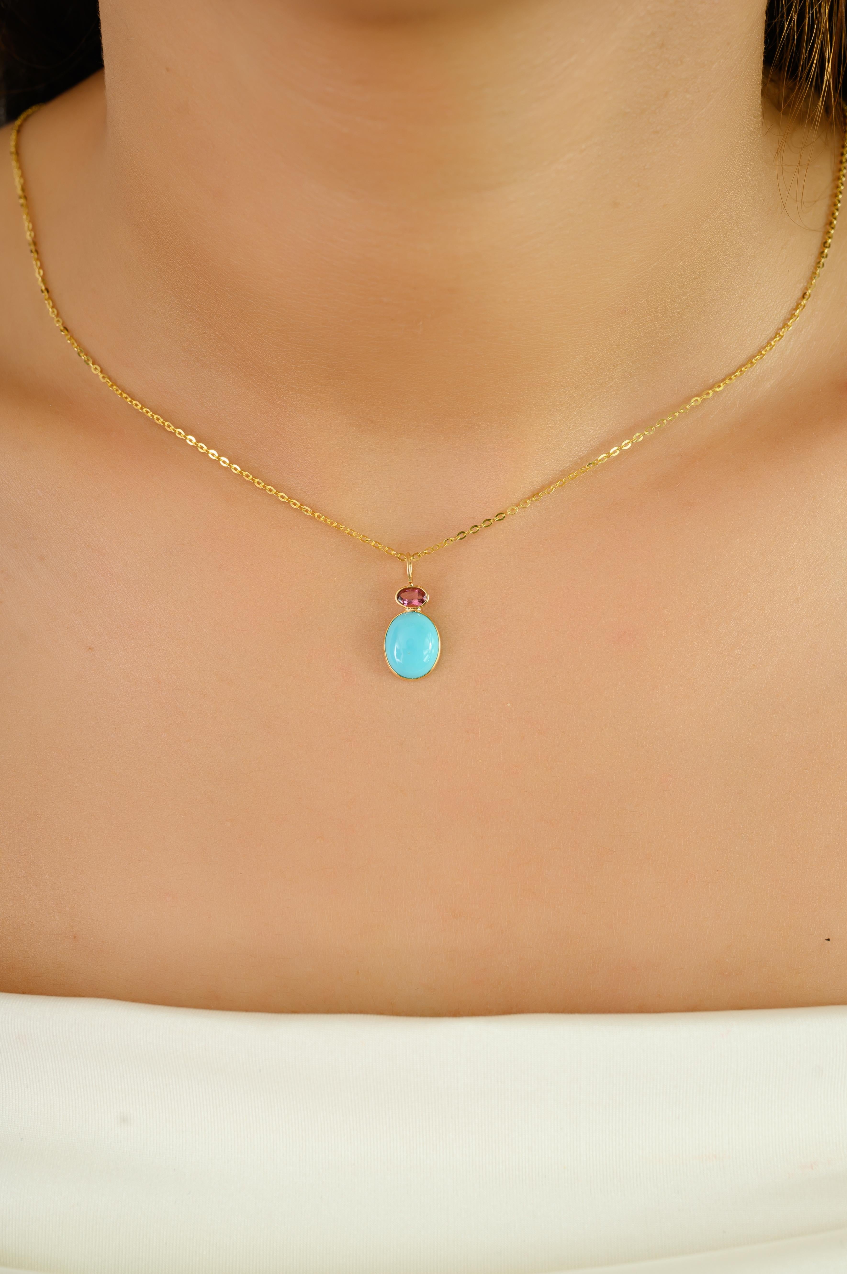 Natural Pink Tourmaline & Turquoise Double Stone Pendant in 18K Yellow Gold Pour femmes en vente