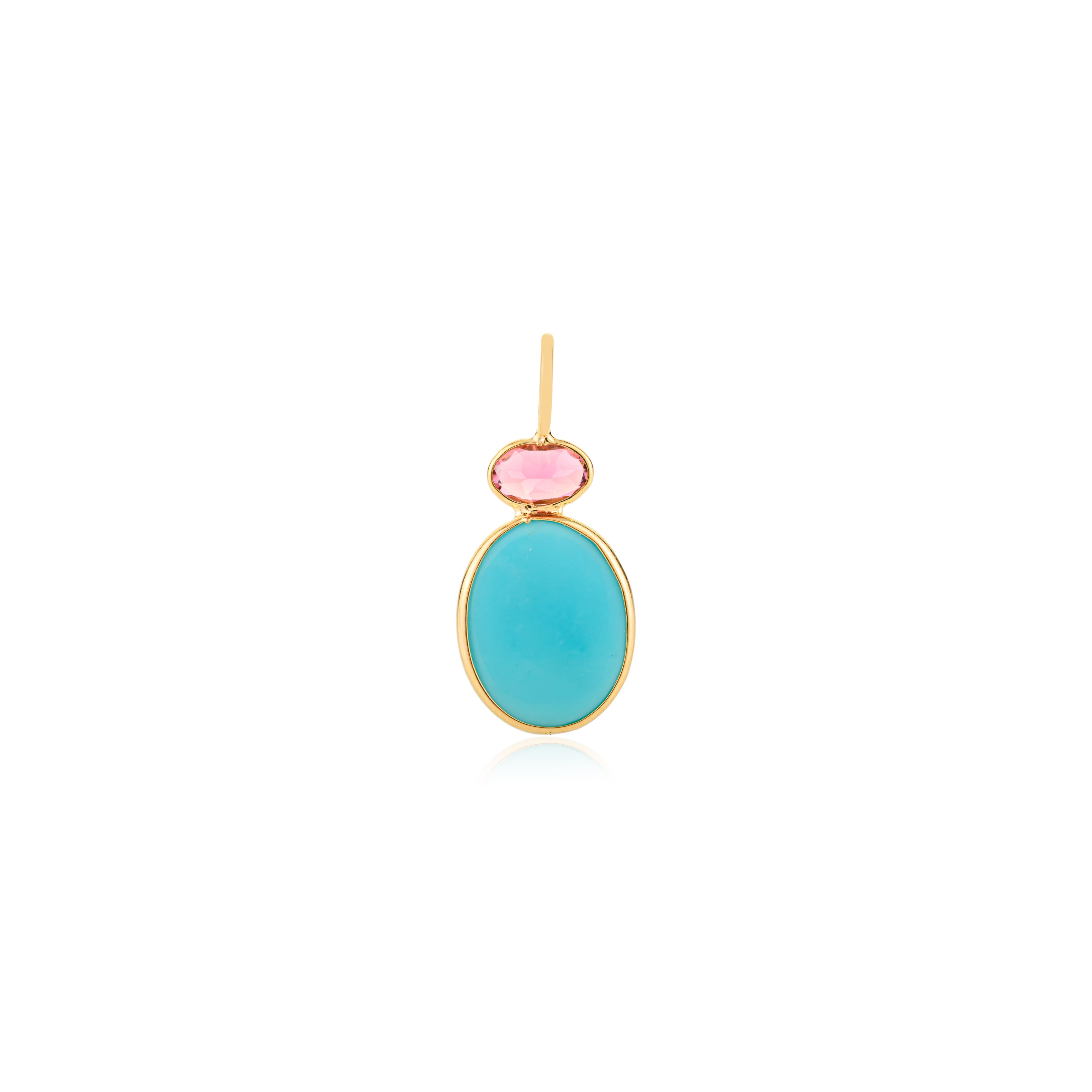 Natural Pink Tourmaline & Turquoise Double Stone Pendant in 18K Yellow Gold en vente 1